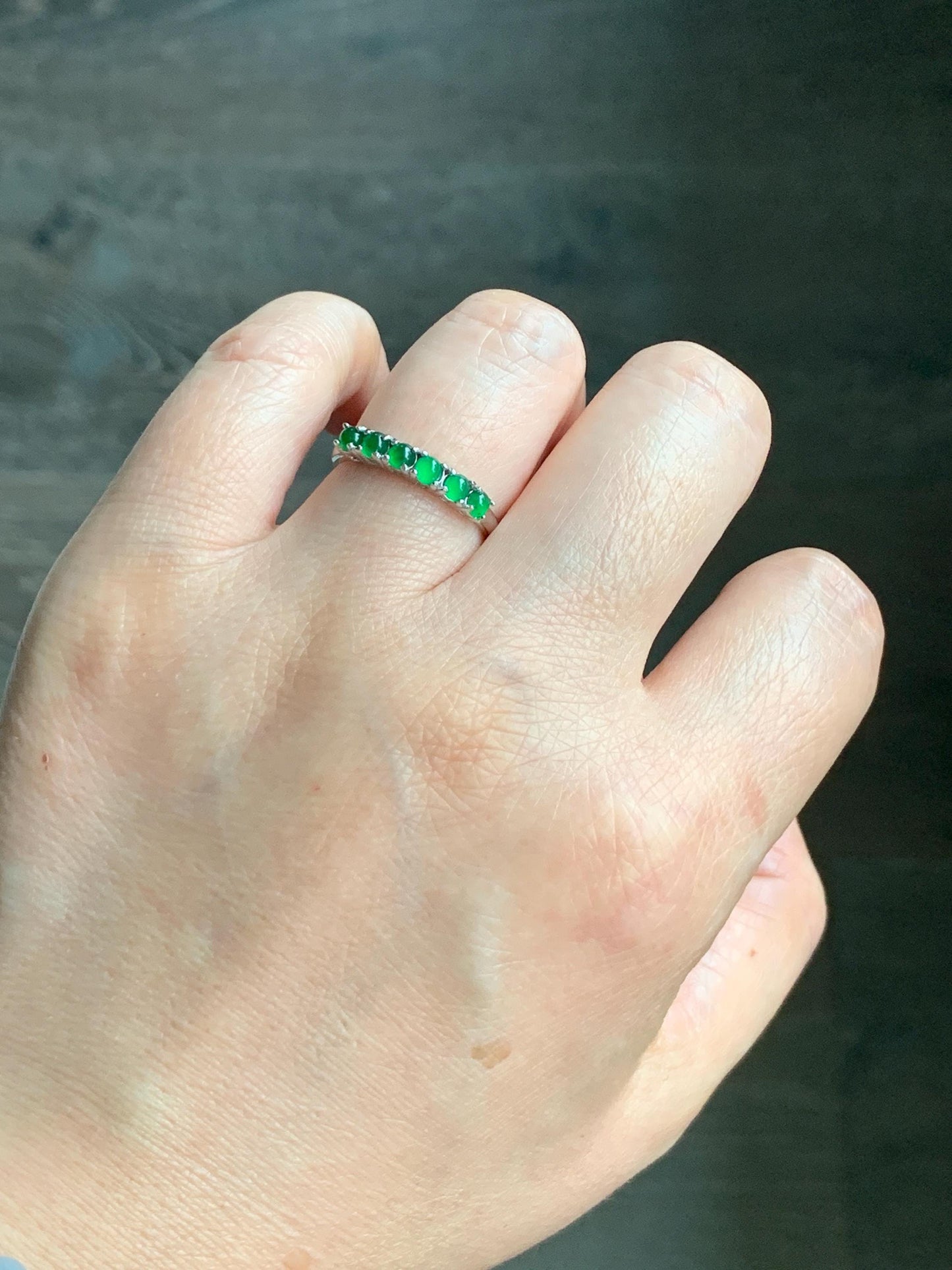 Natural Grade A Guatemalan Icy Translucent Vibrant Green 6-Stone Jade Jadeite Band Ring Sterling Silver Size Adjustable 天然冰危绿翡翠镶嵌排戒 LPJ77