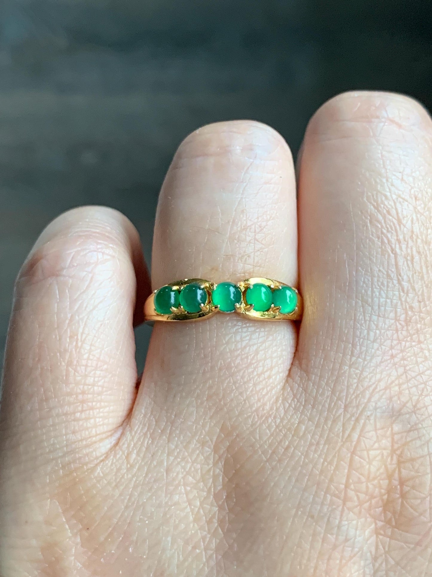 Natural Grade A Guatemalan Icy Translucent Vibrant Green 5-Stone Jade Jadeite Band Ring Sterling Silver Size Adjustable 天然冰危绿翡翠镶嵌排戒 WPJ77