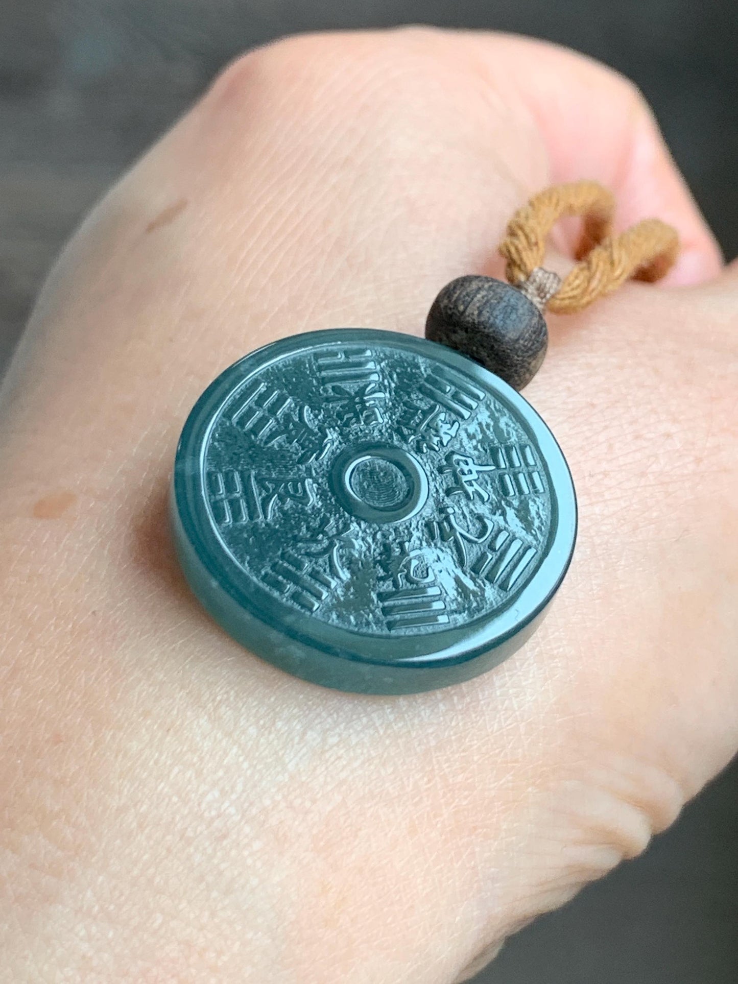 Natural Guatemalan Icy Translucent Dark Teal Green Jade Jadeite Mountain Ghost Eight Trigrams Coin Pendant Rope Necklace 天然冰危蓝绿翡翠精工山鬼币吊坠 SGC