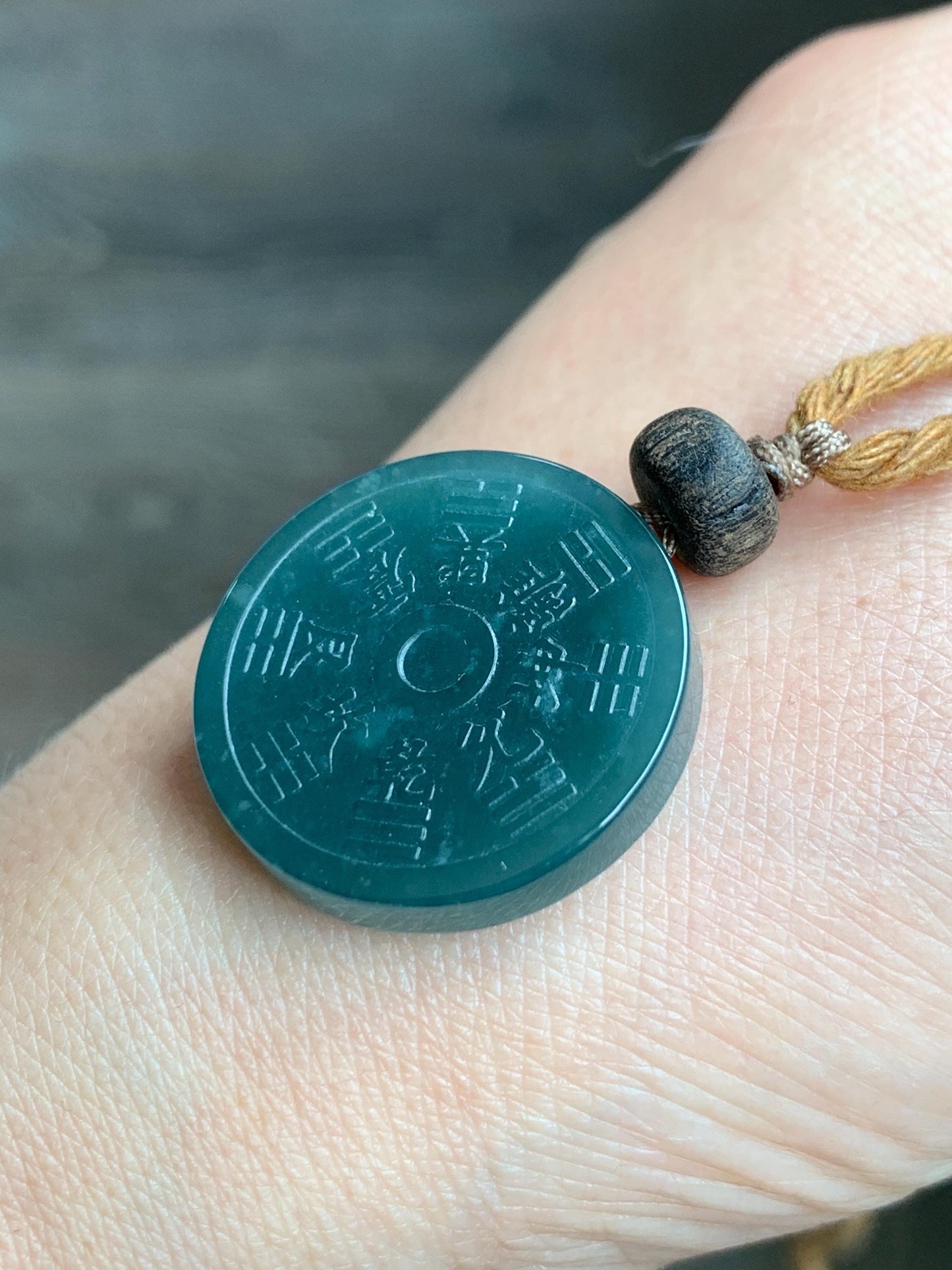 Natural Guatemalan Icy Translucent Dark Teal Green Jade Jadeite Mountain Ghost Eight Trigrams Coin Pendant Rope Necklace 天然冰危蓝绿翡翠精工山鬼币吊坠 SGC