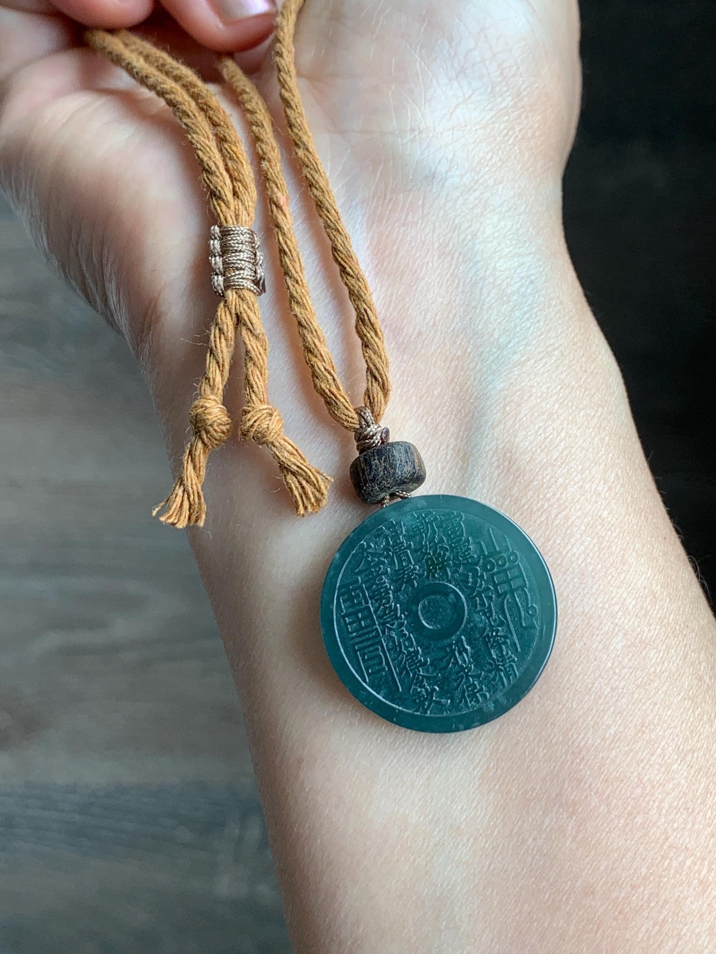 Natural Guatemalan Icy Translucent Dark Teal Green Jade Jadeite Mountain Ghost Eight Trigrams Coin Pendant Rope Necklace 天然冰危蓝绿翡翠精工山鬼币吊坠 SGC