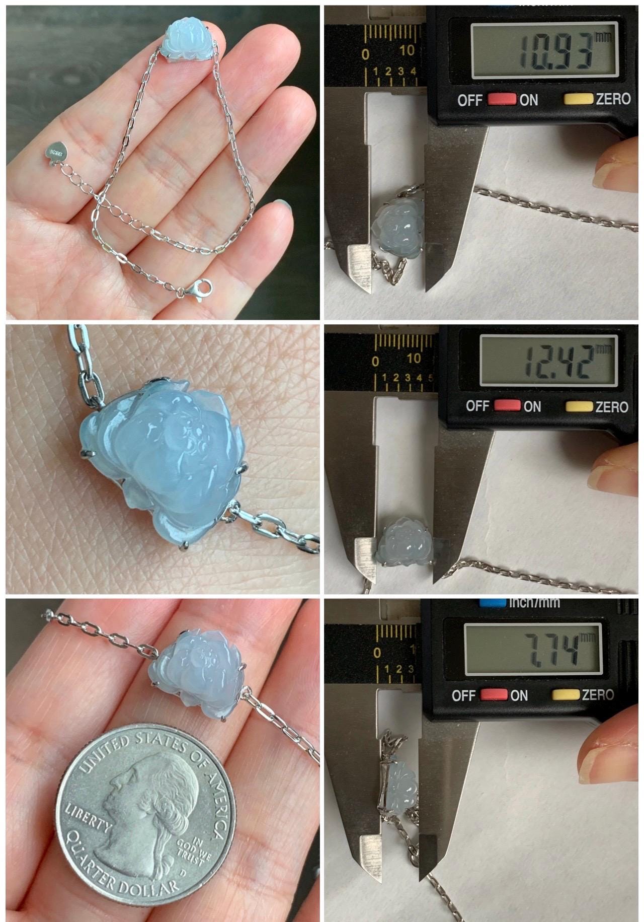 Natural Grade A Icy Translucent Pastel Purplish Blue Jadeite Lotus Flower Chain Bracelet Sterling Silver 6.75”-8” 3g 天然冰胶淡紫翡翠莲花银镶手链 LHY228A