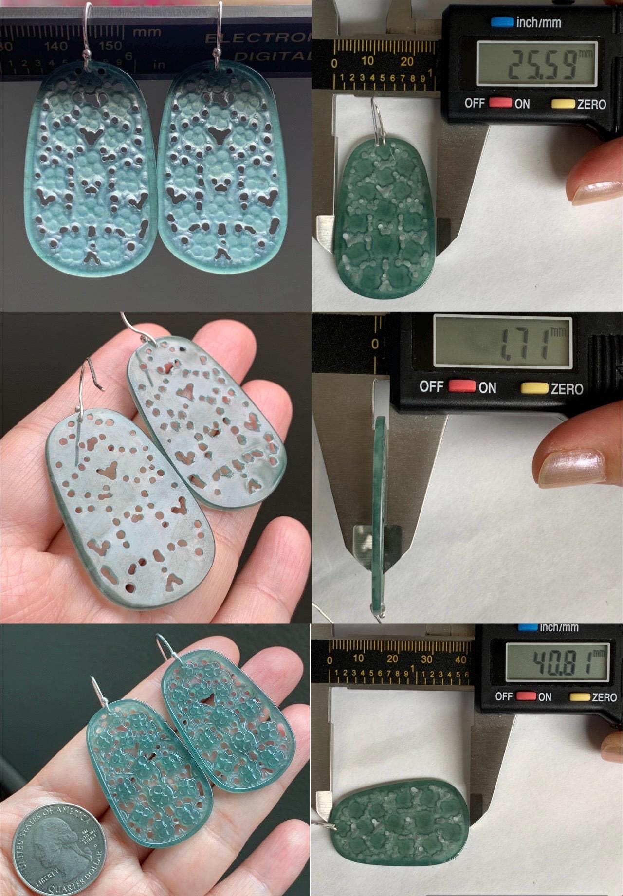 Natural Guatemalan Icy Translucent Teal Green Jadeite Engraved Cherry Blossom Dangle Earrings Sterling Silver 天然冰危蓝绿起光翡翠梅花镂空雕银耳钩耳吊 LKD-O