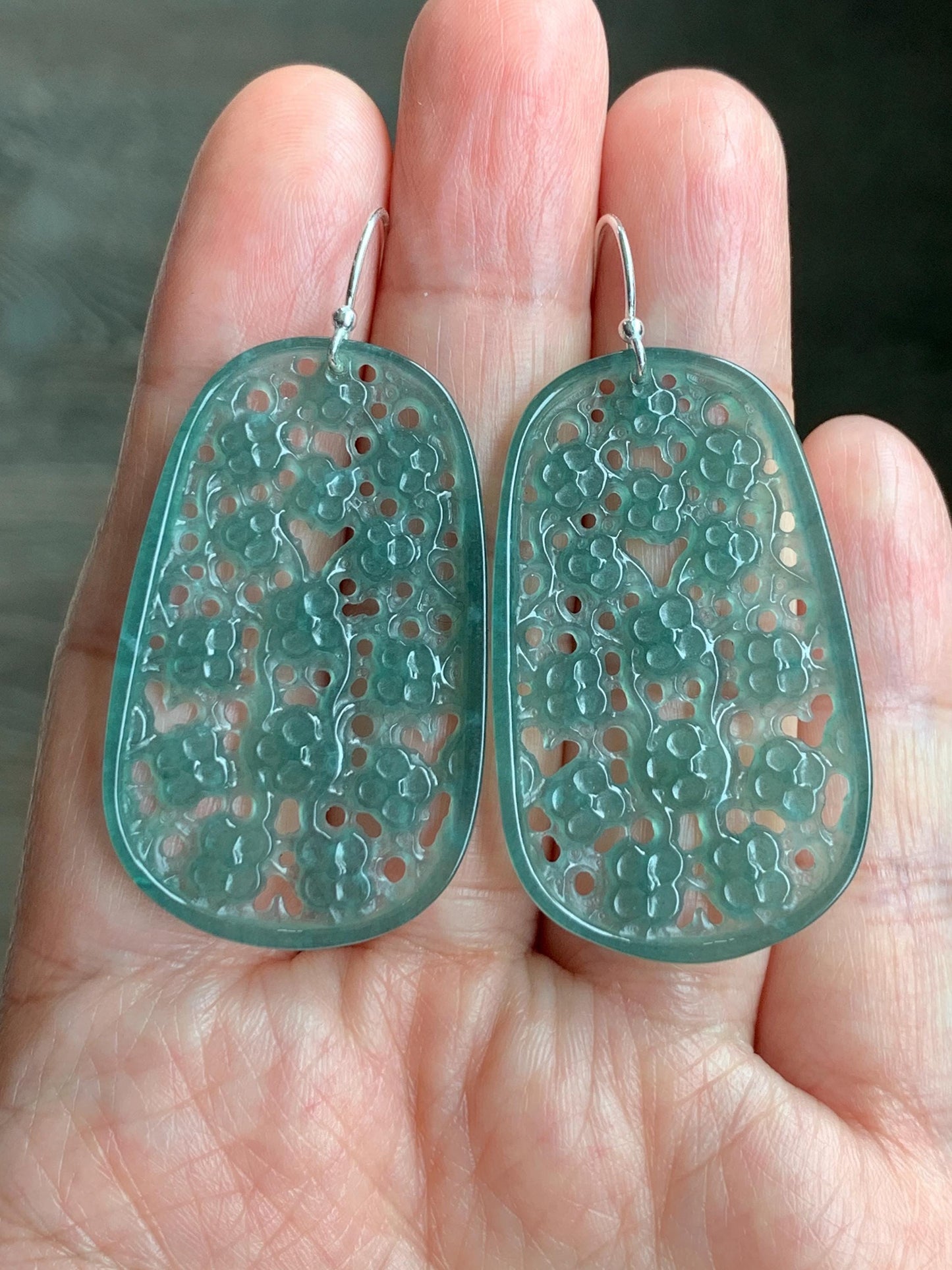 Natural Guatemalan Icy Translucent Teal Green Jadeite Engraved Cherry Blossom Dangle Earrings Sterling Silver 天然冰危蓝绿起光翡翠梅花镂空雕银耳钩耳吊 LKD-O