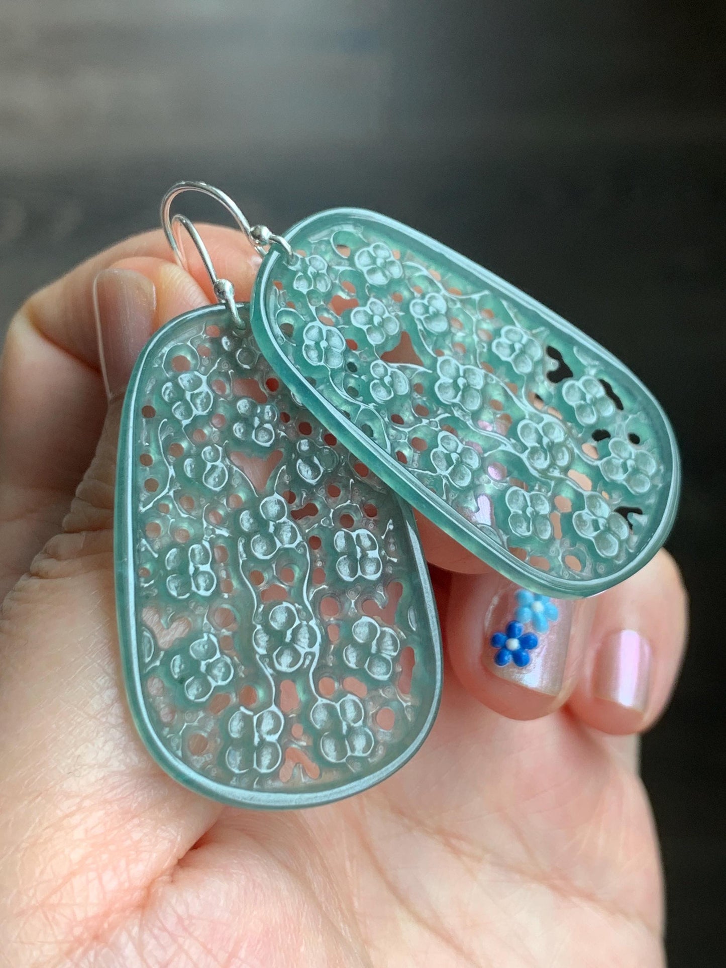 Natural Guatemalan Icy Translucent Teal Green Jadeite Engraved Cherry Blossom Dangle Earrings Sterling Silver 天然冰危蓝绿起光翡翠梅花镂空雕银耳钩耳吊 LKD-O