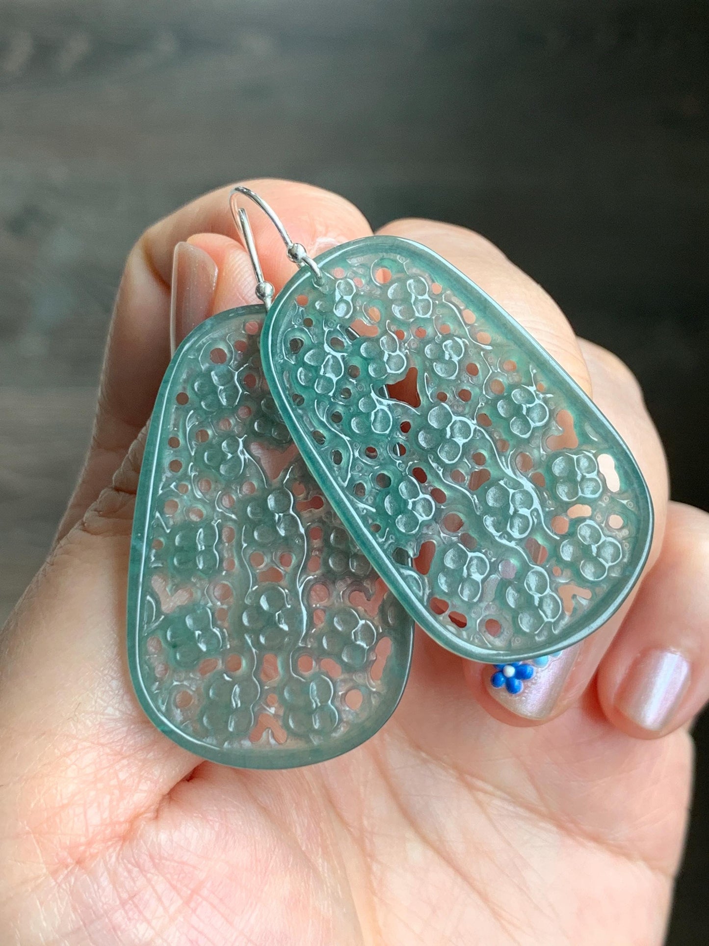 Natural Guatemalan Icy Translucent Teal Green Jadeite Engraved Cherry Blossom Dangle Earrings Sterling Silver 天然冰危蓝绿起光翡翠梅花镂空雕银耳钩耳吊 LKD-O