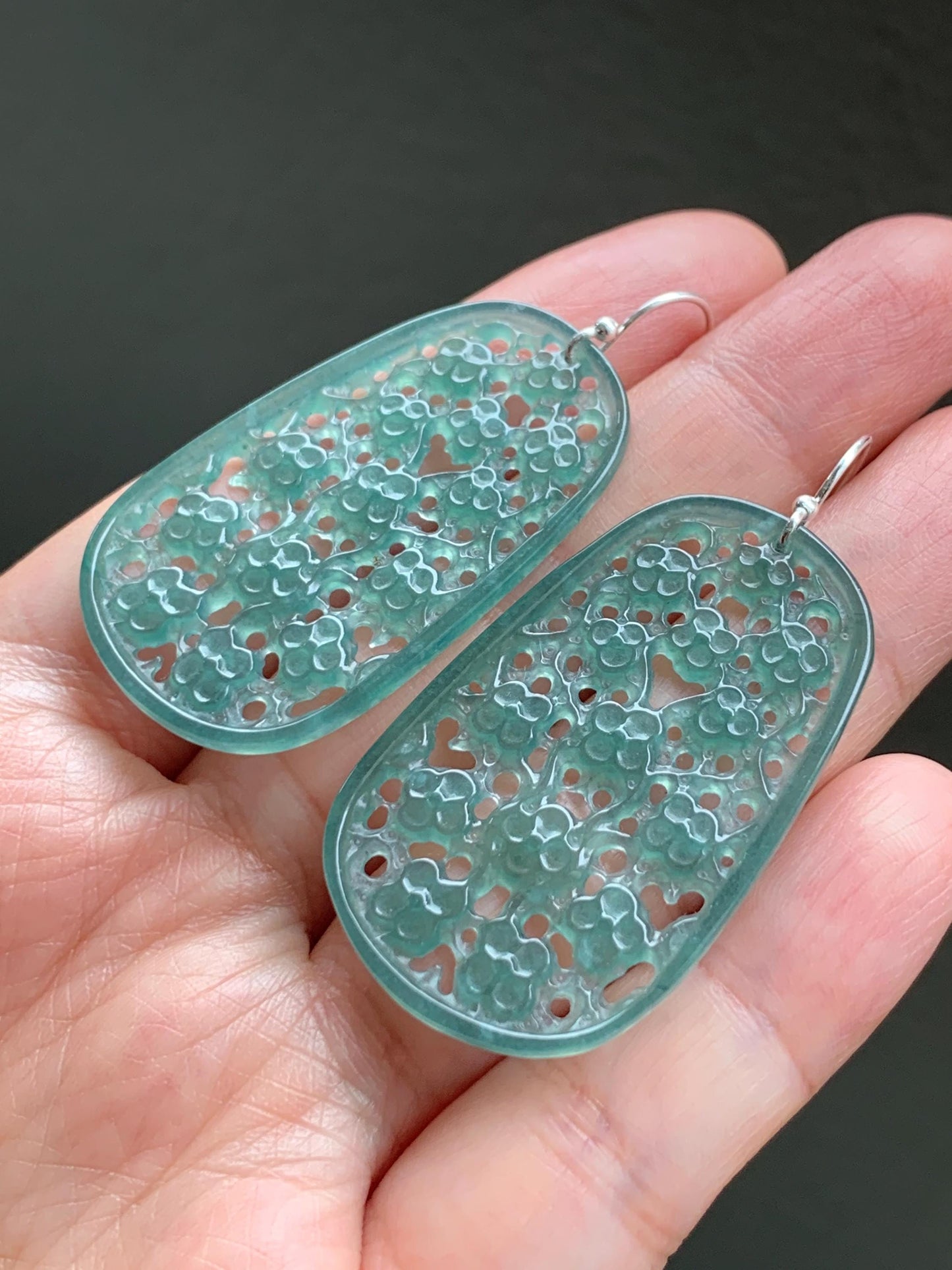 Natural Guatemalan Icy Translucent Teal Green Jadeite Engraved Cherry Blossom Dangle Earrings Sterling Silver 天然冰危蓝绿起光翡翠梅花镂空雕银耳钩耳吊 LKD-O