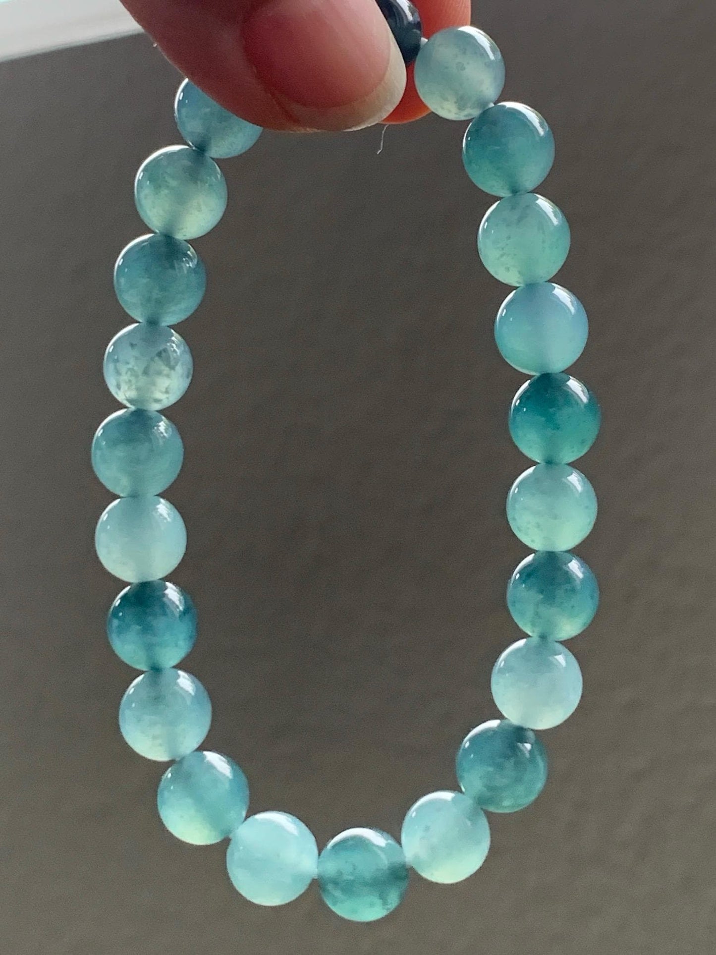 Natural Grade A Guatemalan Icy Highly Translucent Teal Blue Multicolored Jadeite Beaded Bracelet 7.9mm 6.5” 18g 天然老种冰危蓝水多宝翡翠手串 WDB250-B