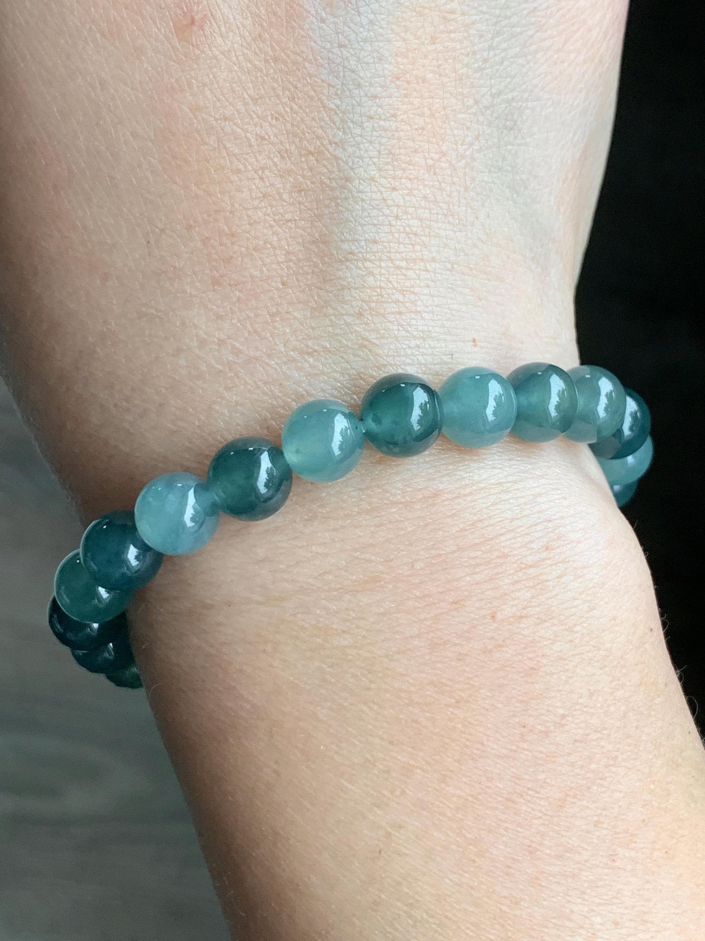 Natural Grade A Guatemalan Icy Highly Translucent Teal Blue Multicolored Jadeite Beaded Bracelet 7.9mm 6.5” 18g 天然老种冰危蓝水多宝翡翠手串 WDB250-B