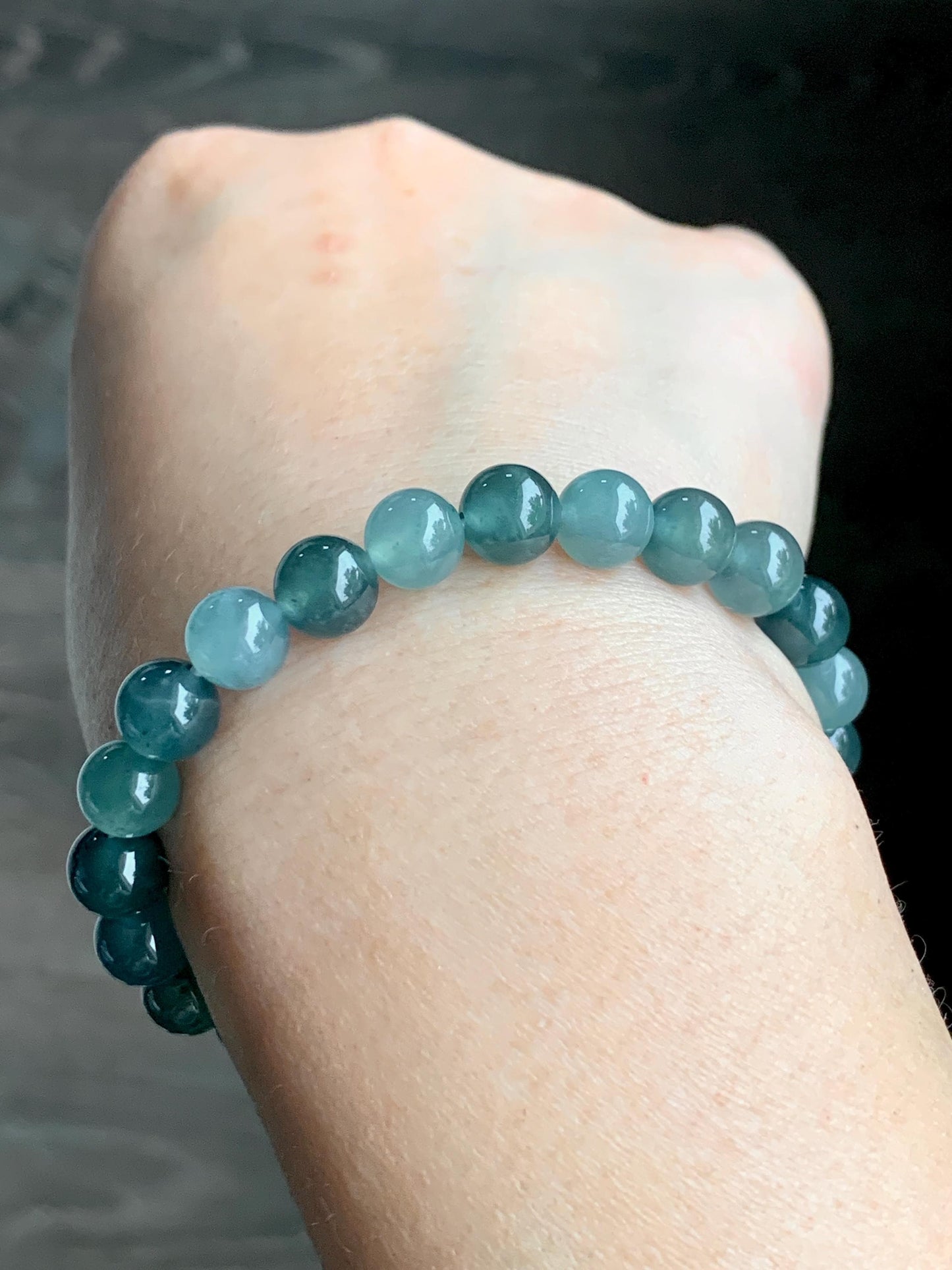 Natural Grade A Guatemalan Icy Highly Translucent Teal Blue Multicolored Jadeite Beaded Bracelet 7.9mm 6.5” 18g 天然老种冰危蓝水多宝翡翠手串 WDB250-B