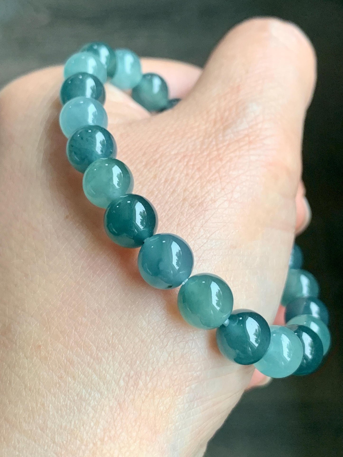Natural Grade A Guatemalan Icy Highly Translucent Teal Blue Multicolored Jadeite Beaded Bracelet 7.9mm 6.5” 18g 天然老种冰危蓝水多宝翡翠手串 WDB250-B
