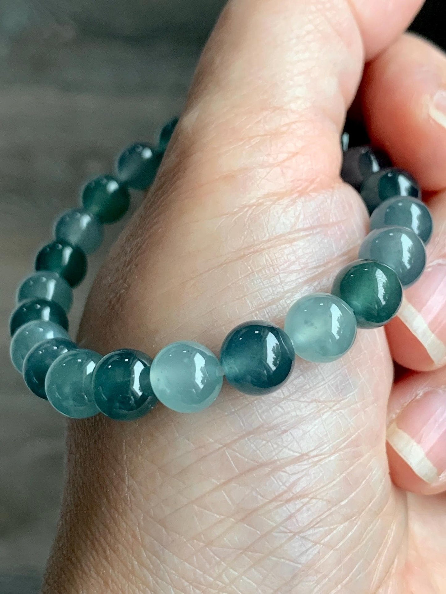 Natural Grade A Guatemalan Icy Highly Translucent Teal Blue Multicolored Jadeite Beaded Bracelet 7.8mm 6.5” 18g 天然老种冰危蓝水多宝翡翠手串 WDB250-A