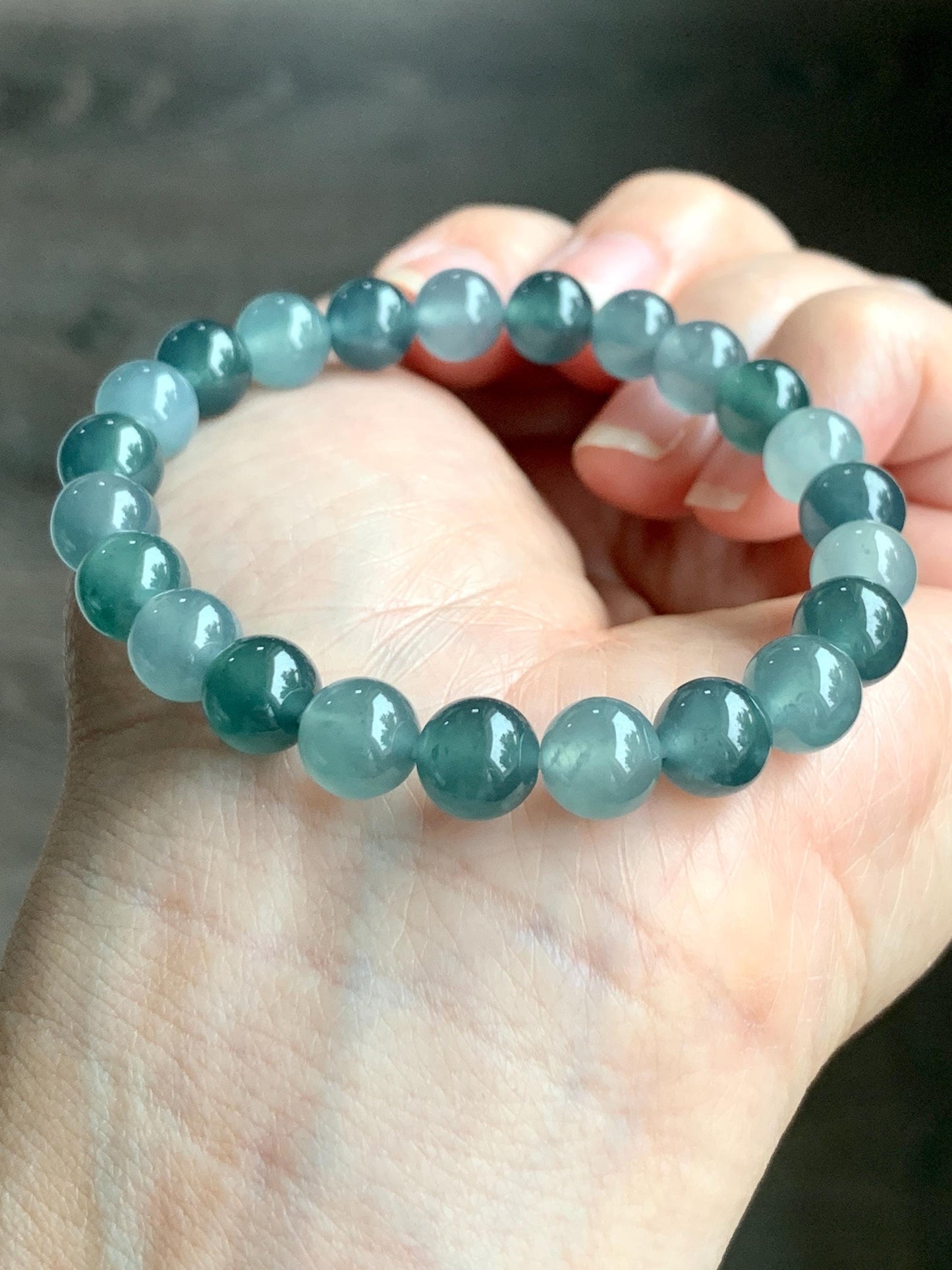 Natural Grade A Guatemalan Icy Highly Translucent Teal Blue Multicolored Jadeite Beaded Bracelet 7.8mm 6.5” 18g 天然老种冰危蓝水多宝翡翠手串 WDB250-A