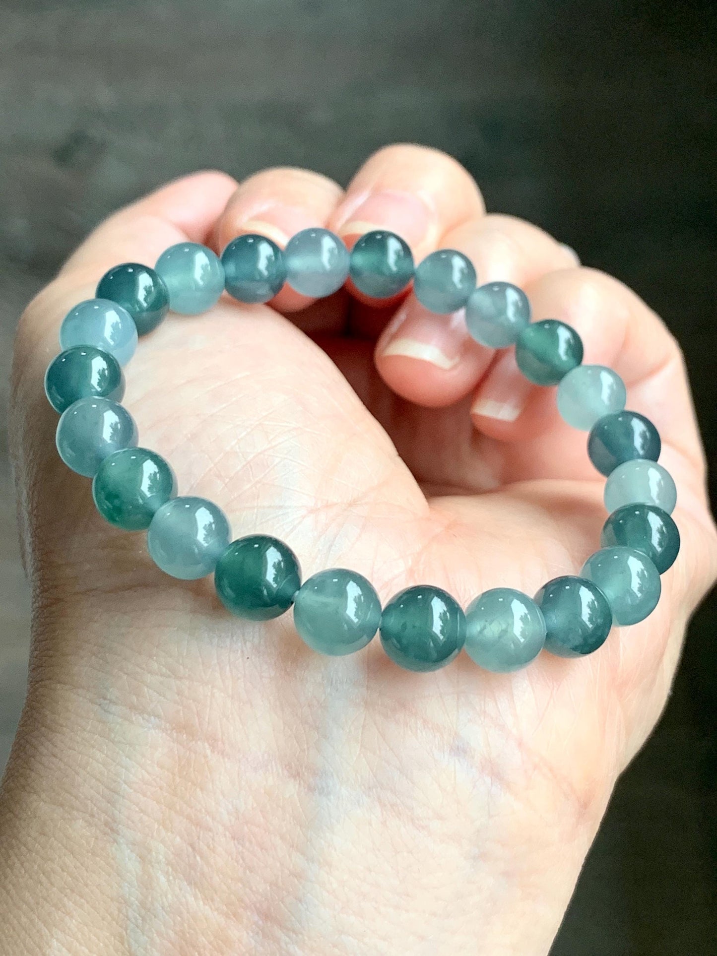 Natural Grade A Guatemalan Icy Highly Translucent Teal Blue Multicolored Jadeite Beaded Bracelet 7.8mm 6.5” 18g 天然老种冰危蓝水多宝翡翠手串 WDB250-A