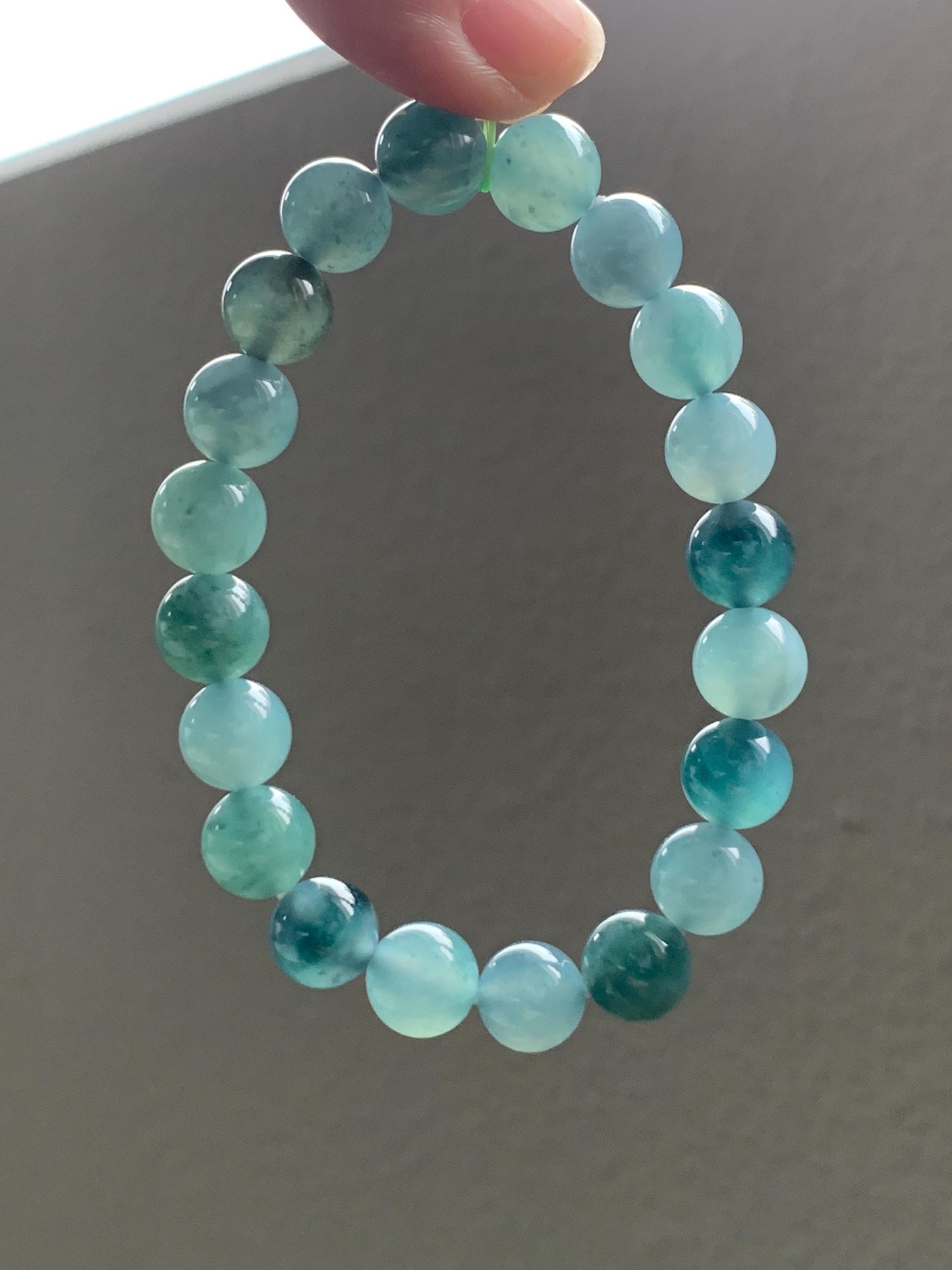 Natural Grade A Guatemalan Icy Highly Translucent Teal Blue Multicolored Jadeite Beaded Bracelet 10mm 7.25” 34g 天然老种冰危蓝水多宝翡翠手串 WDB360