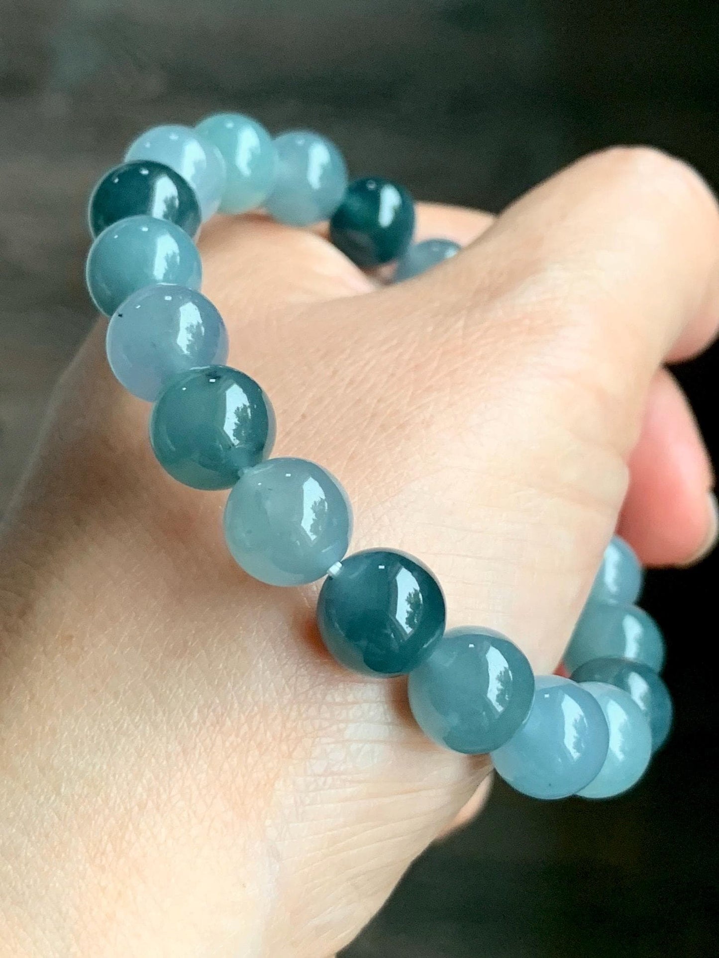 Natural Grade A Guatemalan Icy Highly Translucent Teal Blue Multicolored Jadeite Beaded Bracelet 9.7mm 7” 32g 天然老种冰危蓝水多宝翡翠手串 WDB330