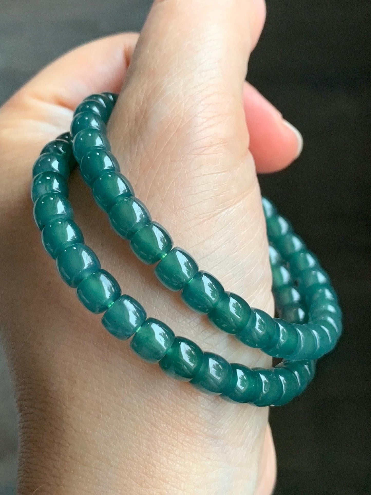 Natural Grade A Guatemalan Icy Highly Translucent Teal Green Jadeite Drum Beads Beaded Bracelet 6.3x5.3mm 6.75" 15g 天然冰胶起光危蓝绿翡翠桶珠手串 WLG260