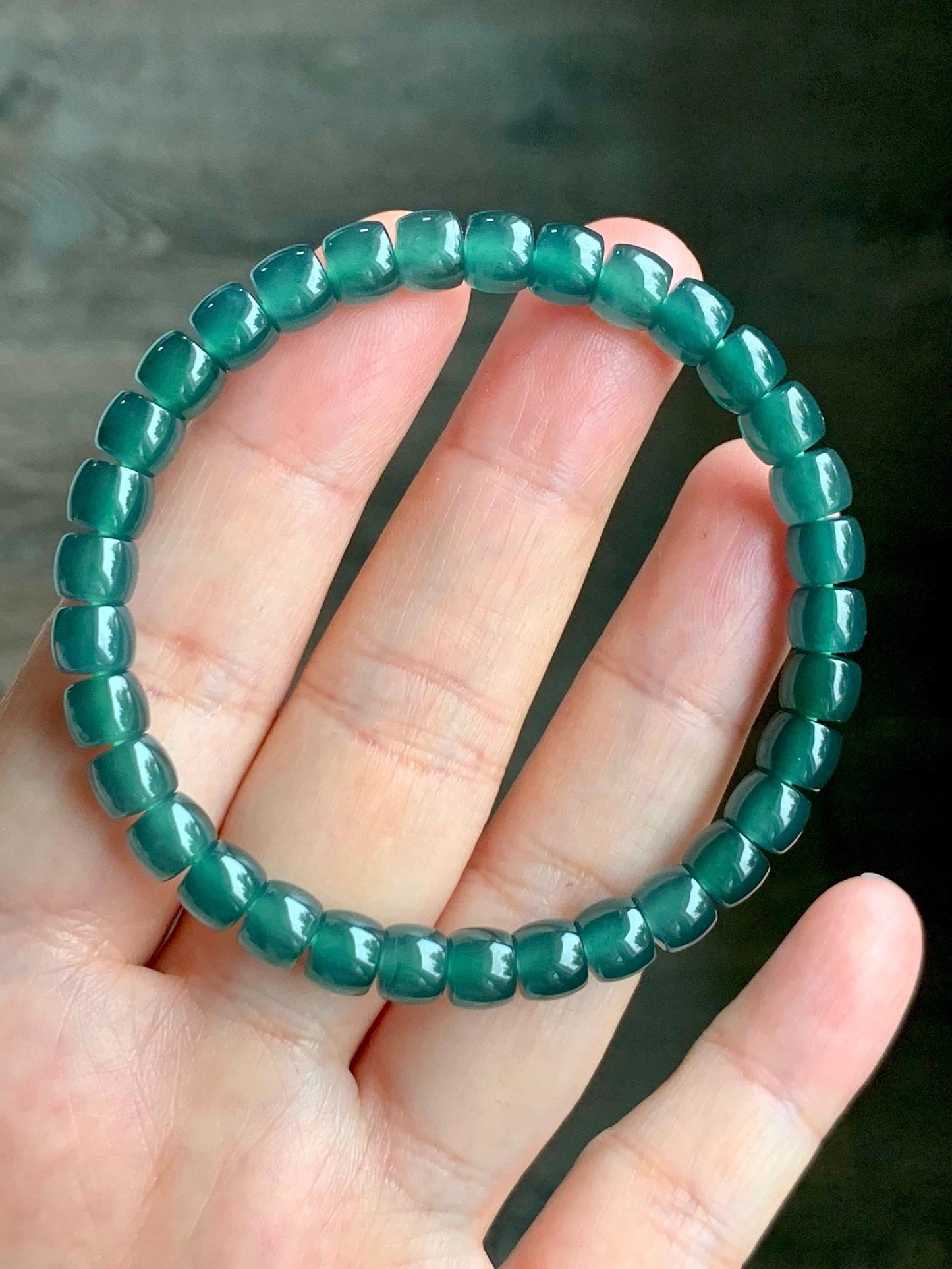 Natural Grade A Guatemalan Icy Highly Translucent Teal Green Jadeite Drum Beads Beaded Bracelet 6.3x5.3mm 6.75" 15g 天然冰胶起光危蓝绿翡翠桶珠手串 WLG260