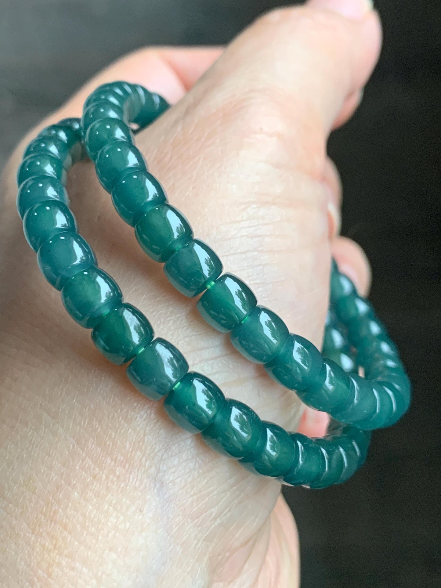 Natural Grade A Guatemalan Icy Highly Translucent Teal Green Jadeite Drum Beads Beaded Bracelet 6.3x5.3mm 6.75" 15g 天然冰胶起光危蓝绿翡翠桶珠手串 WLG260