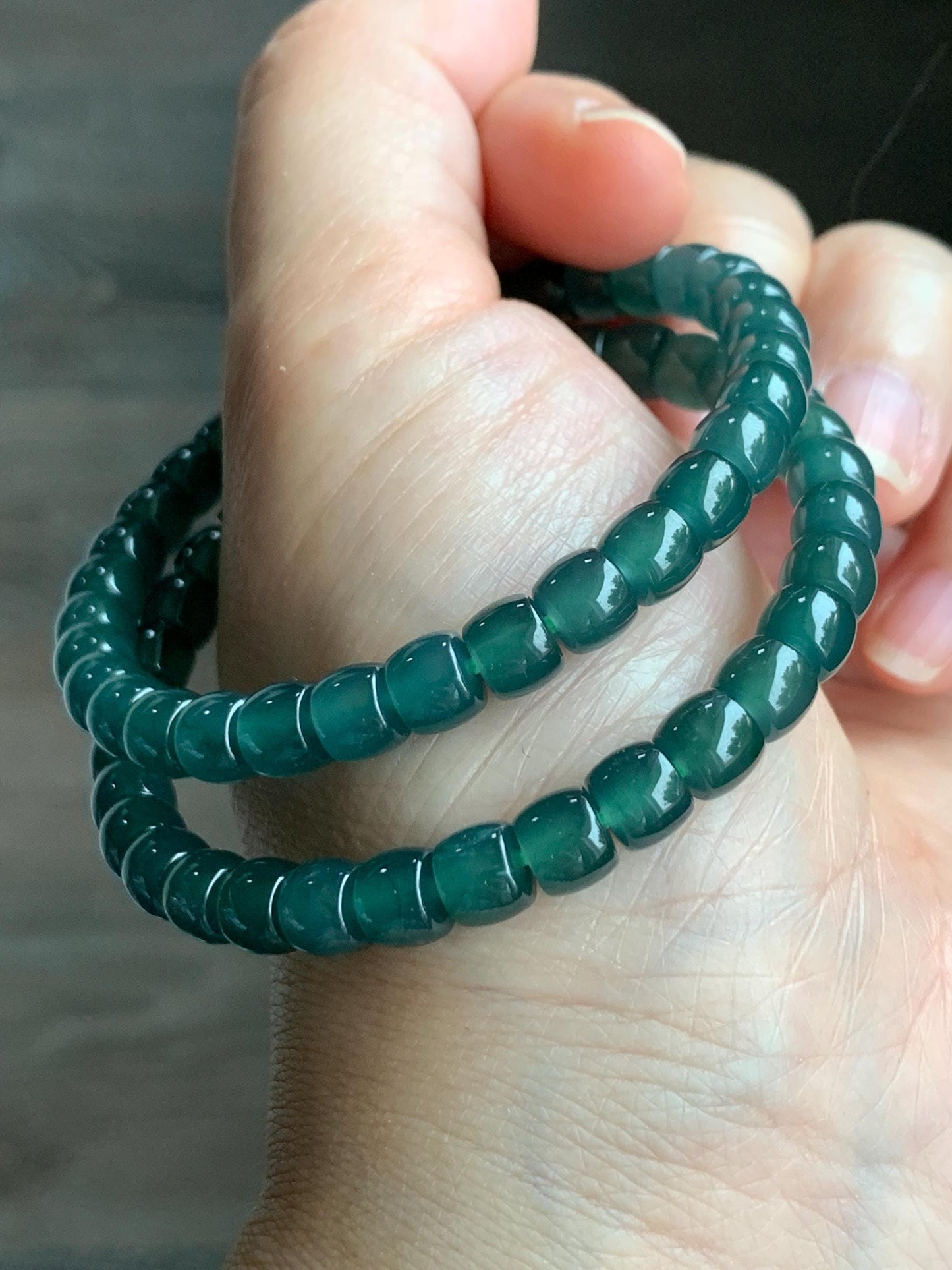 Natural Grade A Guatemalan Icy Highly Translucent Teal Green Jadeite Drum Beads Beaded Bracelet 6.3x5.3mm 6.75" 15g 天然冰胶起光危蓝绿翡翠桶珠手串 WLG260