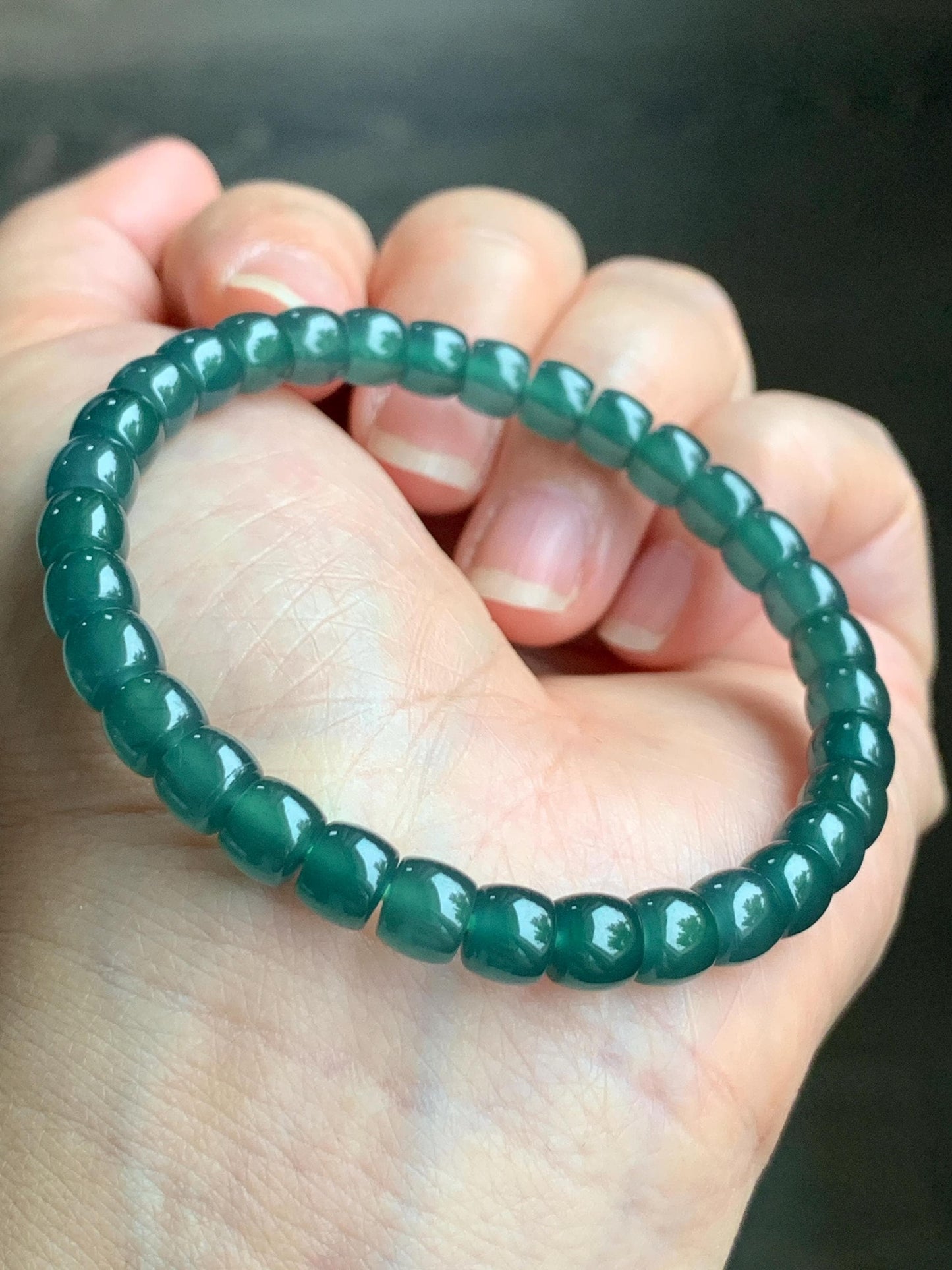 Natural Grade A Guatemalan Icy Highly Translucent Teal Green Jadeite Drum Beads Beaded Bracelet 6.3x5.3mm 6.75" 15g 天然冰胶起光危蓝绿翡翠桶珠手串 WLG260
