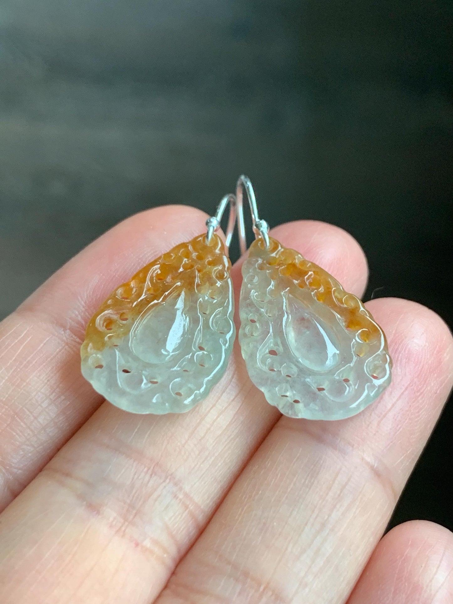 Certified Grade A Natural Icy Translucent Golden Marbled Openwork Engraved Jadeite Dangle Earrings Sterling Silver 天然起光冰黄翡翠镂空雕水滴银耳钩耳吊 9963