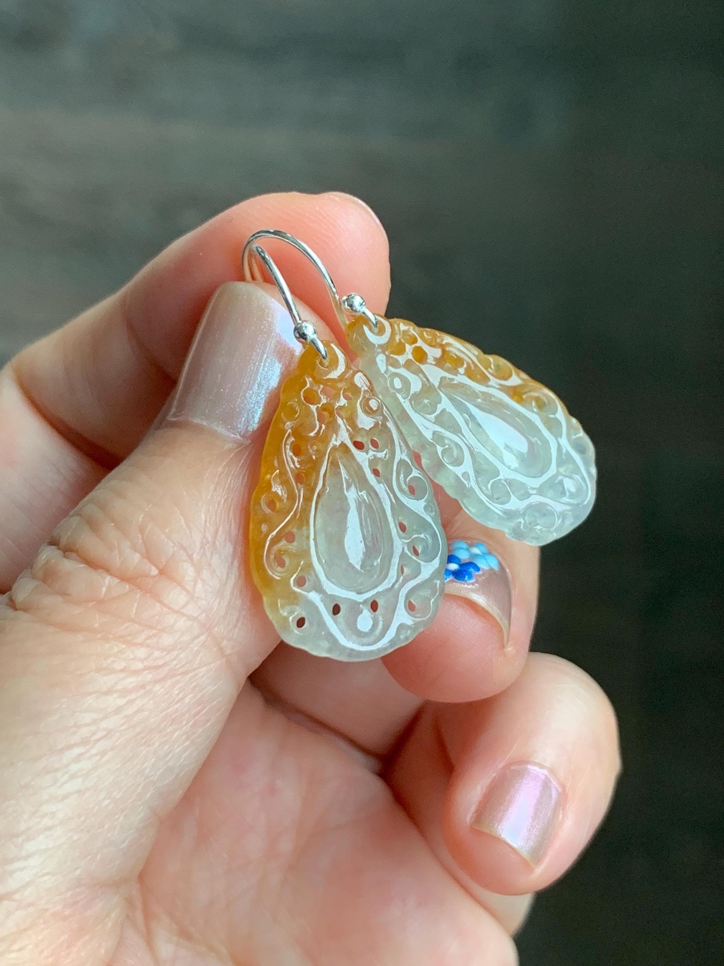 Certified Grade A Natural Icy Translucent Golden Marbled Openwork Engraved Jadeite Dangle Earrings Sterling Silver 天然起光冰黄翡翠镂空雕水滴银耳钩耳吊 9963