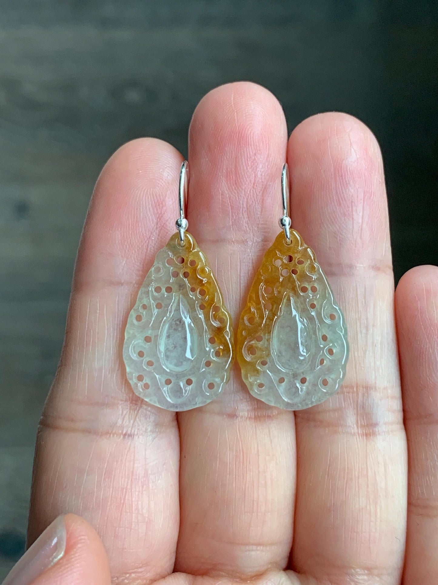 Certified Grade A Natural Icy Translucent Golden Marbled Openwork Engraved Jadeite Dangle Earrings Sterling Silver 天然起光冰黄翡翠镂空雕水滴银耳钩耳吊 9963