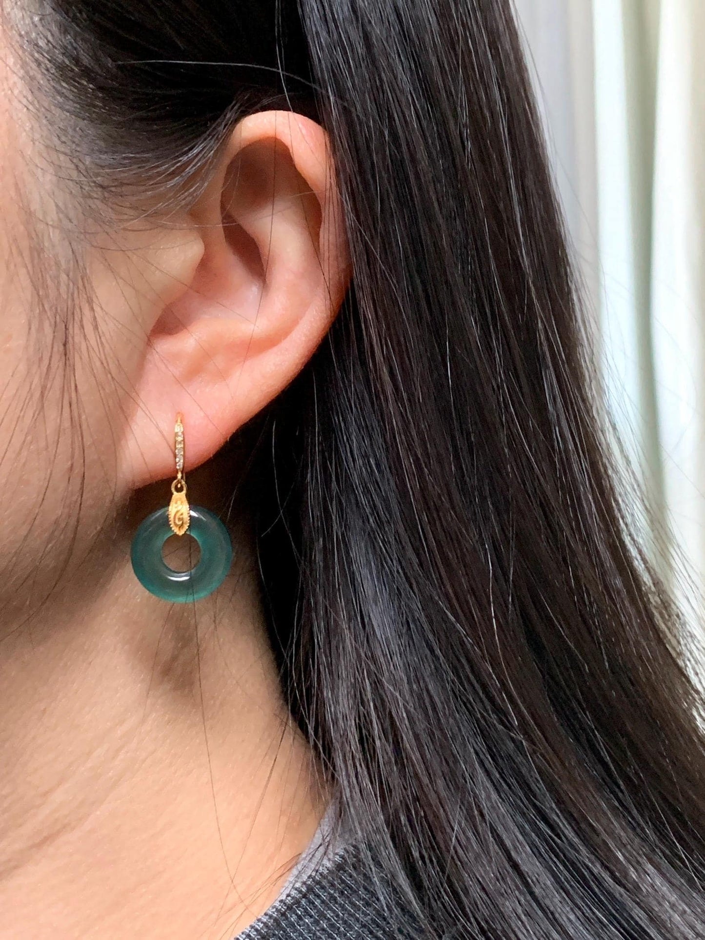 Natural Grade A Guatemalan Icy Translucent Teal Green Jade Jadeite Ping An Kou Donut Dangle Earrings Sterling Silver 天然冰危深蓝绿翡翠平安扣耳钩 LUYA