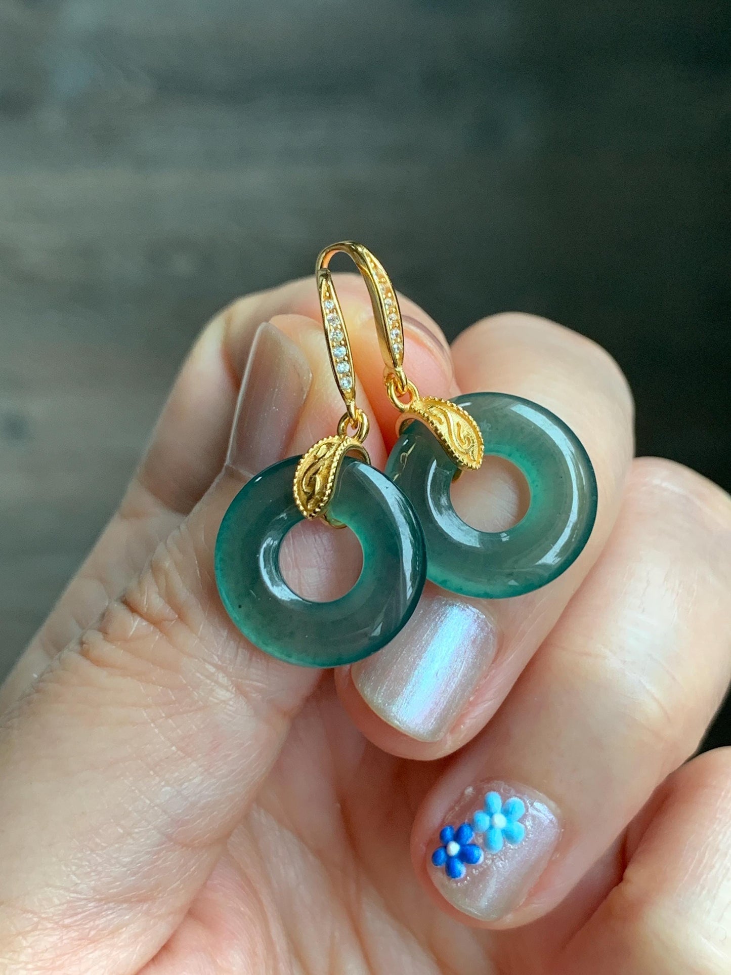 Natural Grade A Guatemalan Icy Translucent Teal Green Jade Jadeite Ping An Kou Donut Dangle Earrings Sterling Silver 天然冰危深蓝绿翡翠平安扣耳钩 LUYA