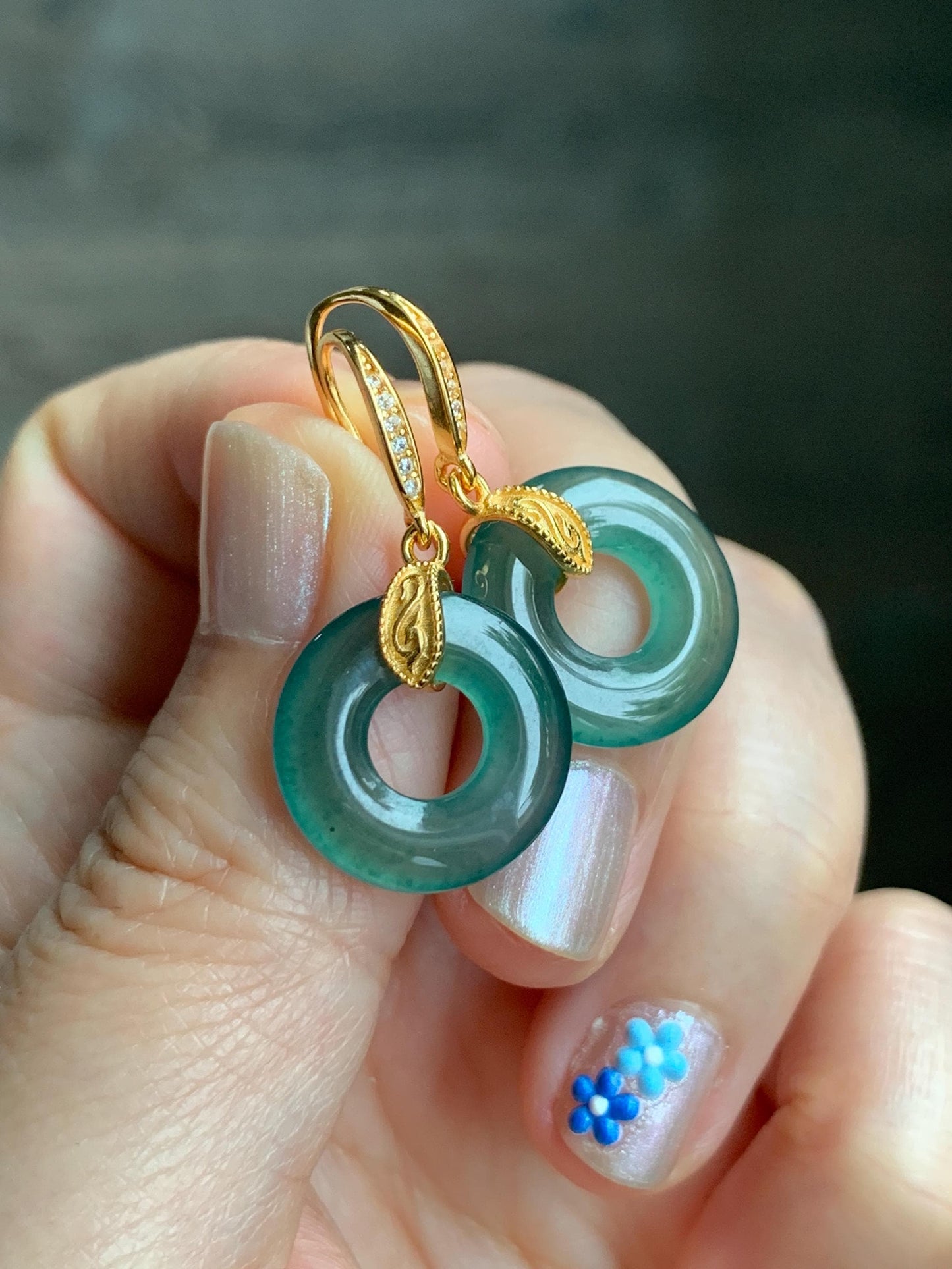 Natural Grade A Guatemalan Icy Translucent Teal Green Jade Jadeite Ping An Kou Donut Dangle Earrings Sterling Silver 天然冰危深蓝绿翡翠平安扣耳钩 LUYA