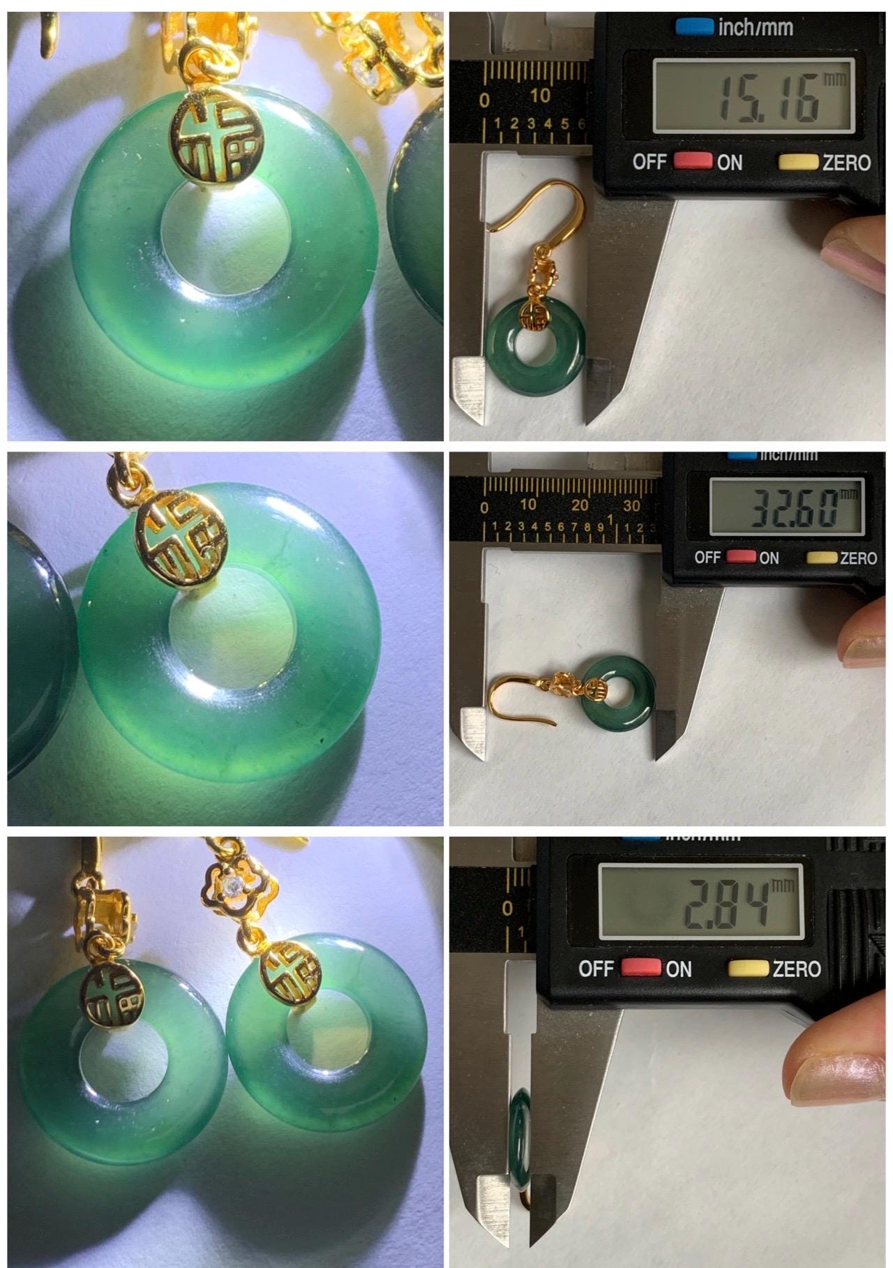 Natural Grade A Guatemalan Icy Translucent Teal Green Jade Jadeite Ping An Kou Donut Dangle Earrings Sterling Silver 天然冰危深蓝绿翡翠平安扣耳钩 LUYB