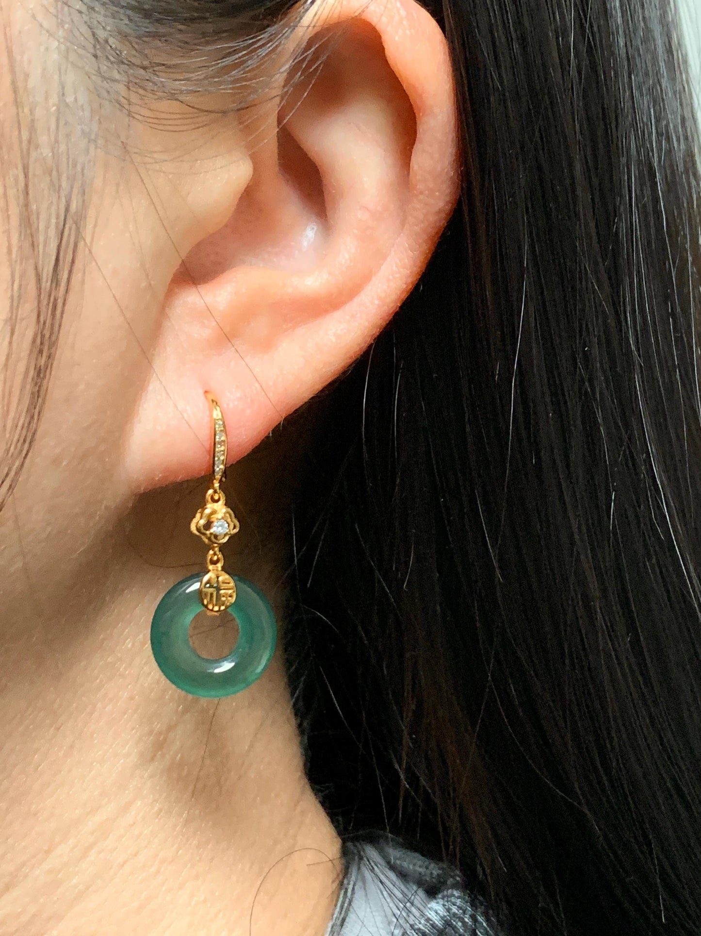 Natural Grade A Guatemalan Icy Translucent Teal Green Jade Jadeite Ping An Kou Donut Dangle Earrings Sterling Silver 天然冰危深蓝绿翡翠平安扣耳钩 LUYB
