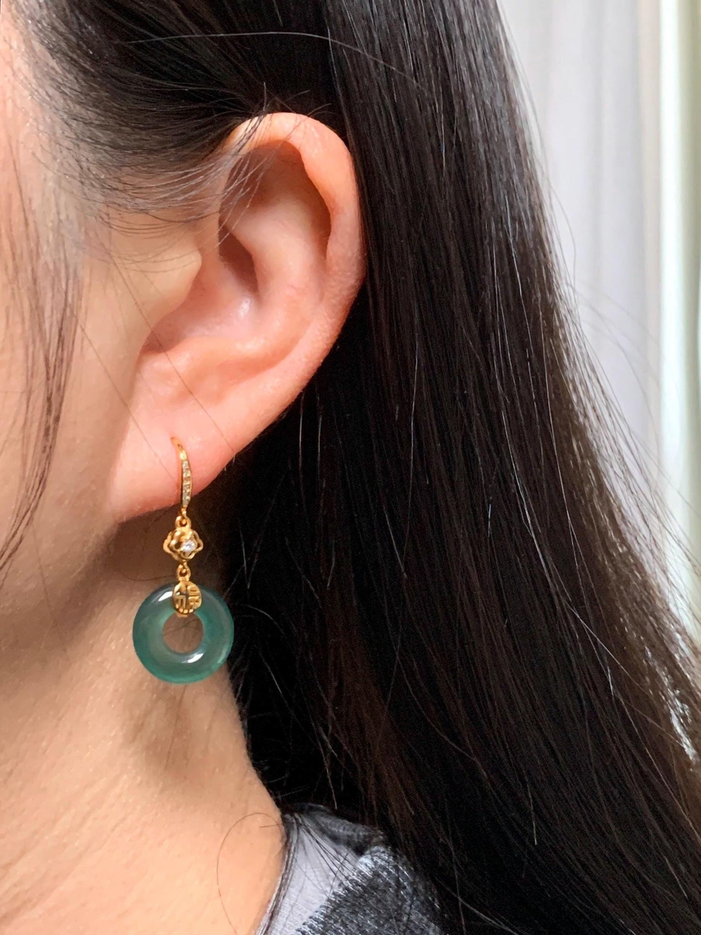 Natural Grade A Guatemalan Icy Translucent Teal Green Jade Jadeite Ping An Kou Donut Dangle Earrings Sterling Silver 天然冰危深蓝绿翡翠平安扣耳钩 LUYB