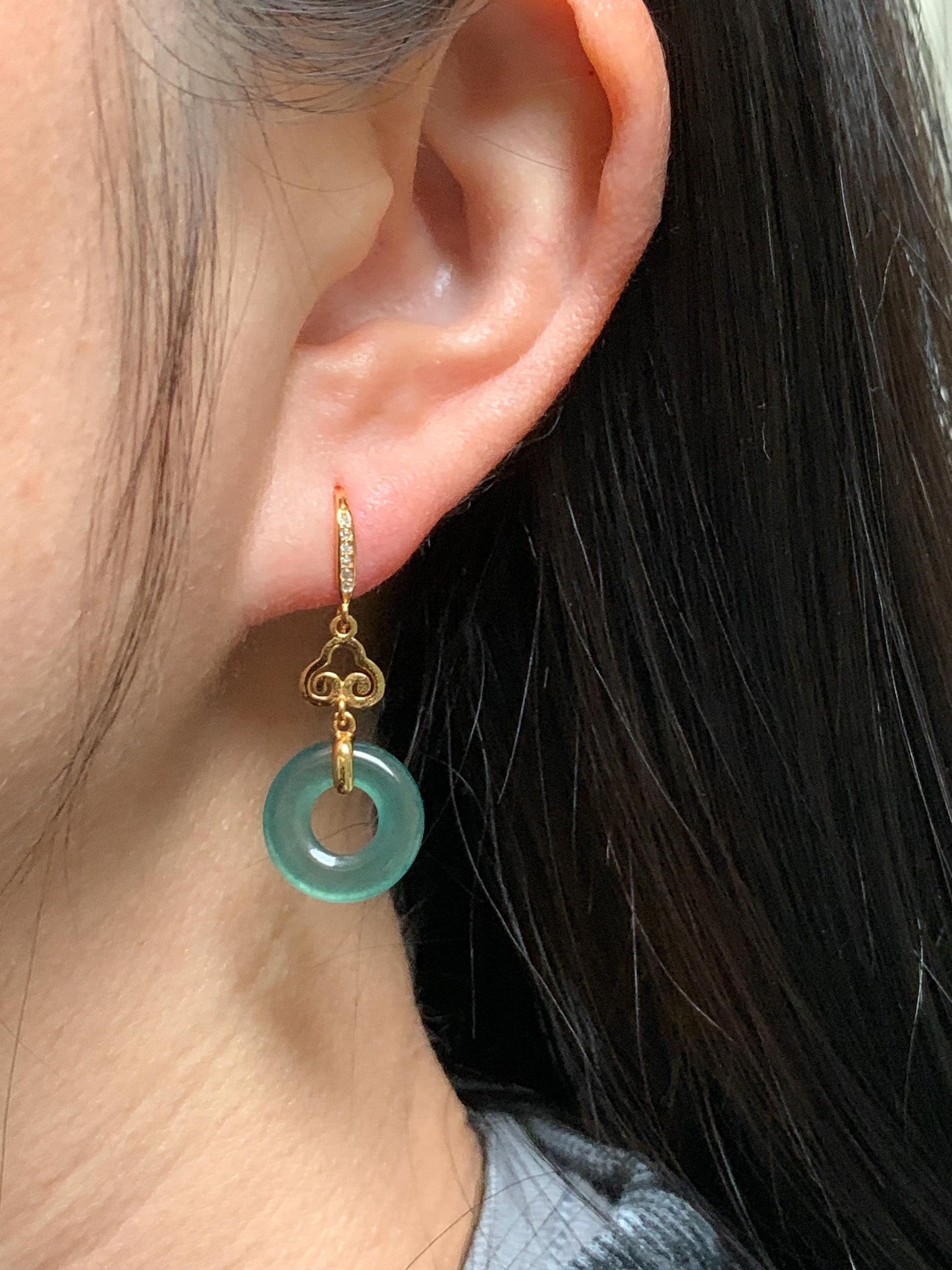 Natural Grade A Guatemalan Icy Translucent Teal Green Jade Jadeite Ping An Kou Donut Dangle Earrings Sterling Silver 天然冰危深蓝绿翡翠平安扣耳钩 LRK-A