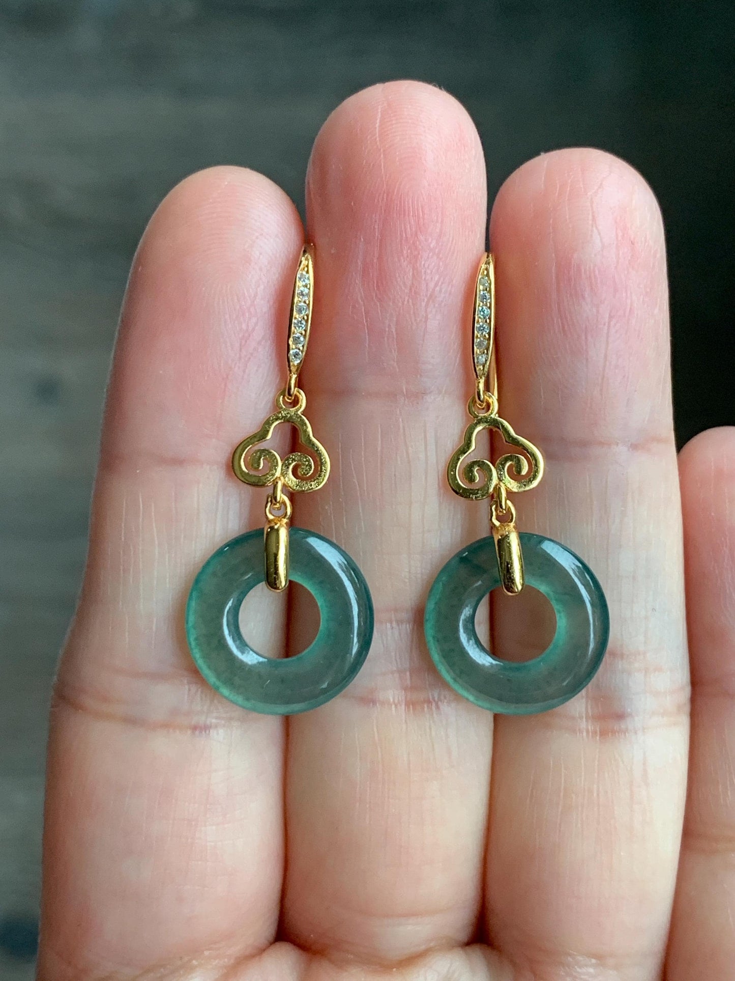 Natural Grade A Guatemalan Icy Translucent Teal Green Jade Jadeite Ping An Kou Donut Dangle Earrings Sterling Silver 天然冰危深蓝绿翡翠平安扣耳钩 LRK-A