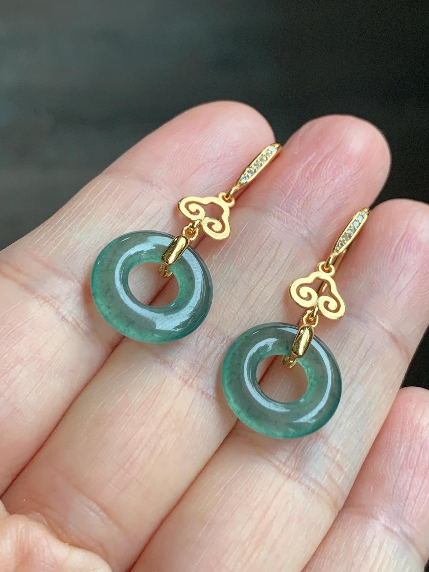 Natural Grade A Guatemalan Icy Translucent Teal Green Jade Jadeite Ping An Kou Donut Dangle Earrings Sterling Silver 天然冰危深蓝绿翡翠平安扣耳钩 LRK-A