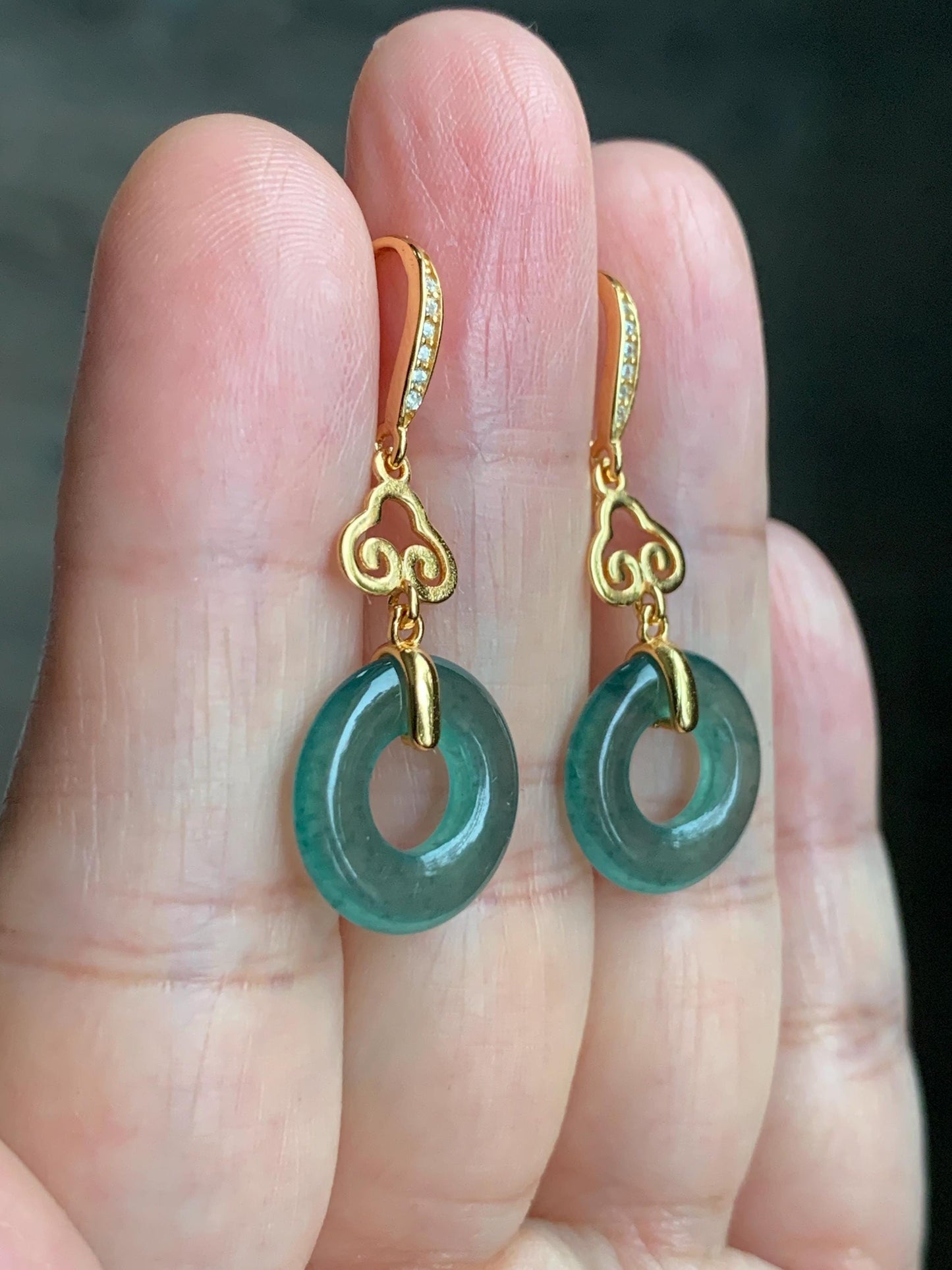 Natural Grade A Guatemalan Icy Translucent Teal Green Jade Jadeite Ping An Kou Donut Dangle Earrings Sterling Silver 天然冰危深蓝绿翡翠平安扣耳钩 LRK-A