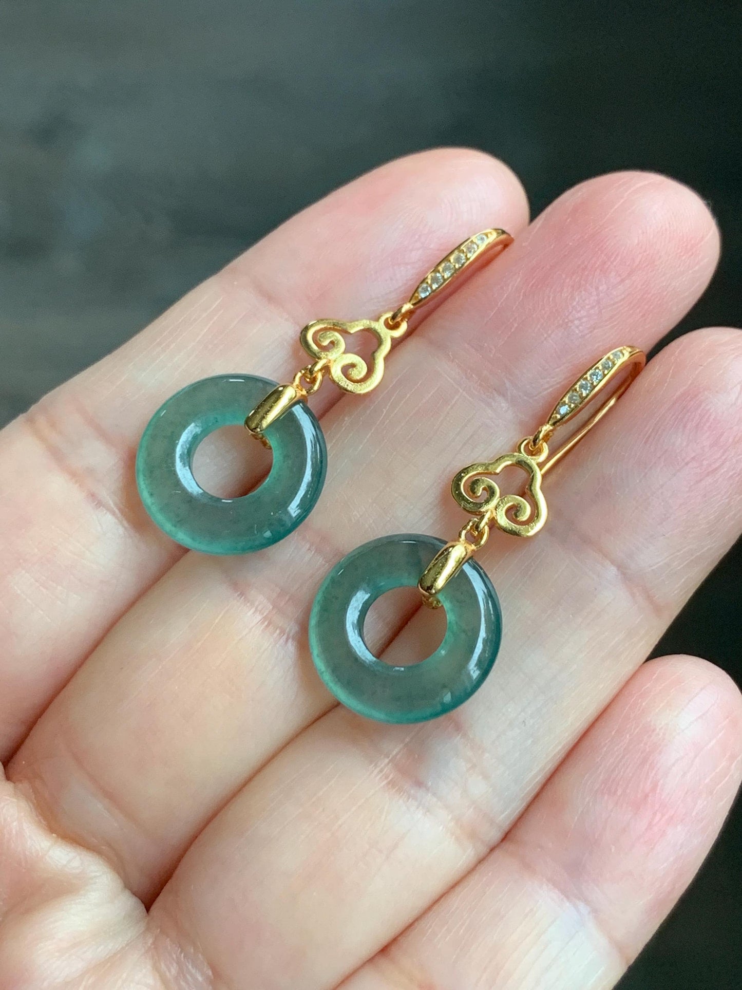 Natural Grade A Guatemalan Icy Translucent Teal Green Jade Jadeite Ping An Kou Donut Dangle Earrings Sterling Silver 天然冰危深蓝绿翡翠平安扣耳钩 LRK-A
