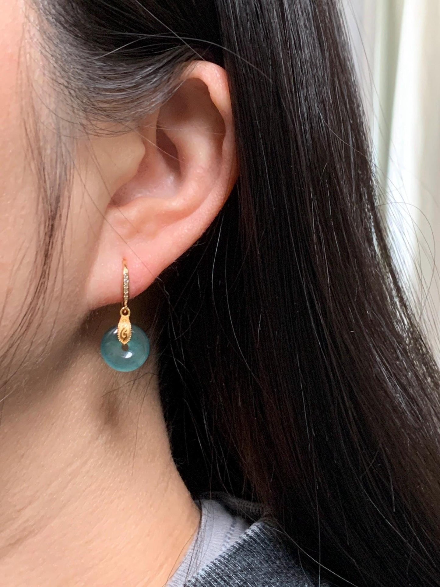 Natural Grade A Guatemalan Icy Translucent Teal Green Jade Jadeite Ping An Kou Donut Dangle Earrings Sterling Silver 天然冰危深蓝绿翡翠平安扣耳钩 LRK-B