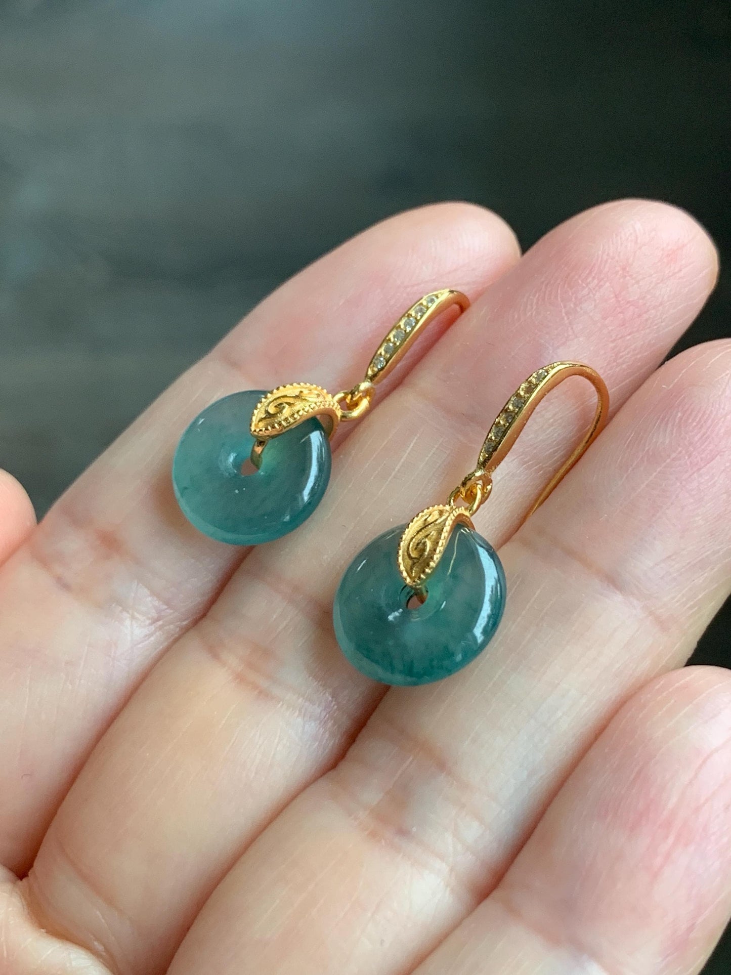 Natural Grade A Guatemalan Icy Translucent Teal Green Jade Jadeite Ping An Kou Donut Dangle Earrings Sterling Silver 天然冰危深蓝绿翡翠平安扣耳钩 LRK-B