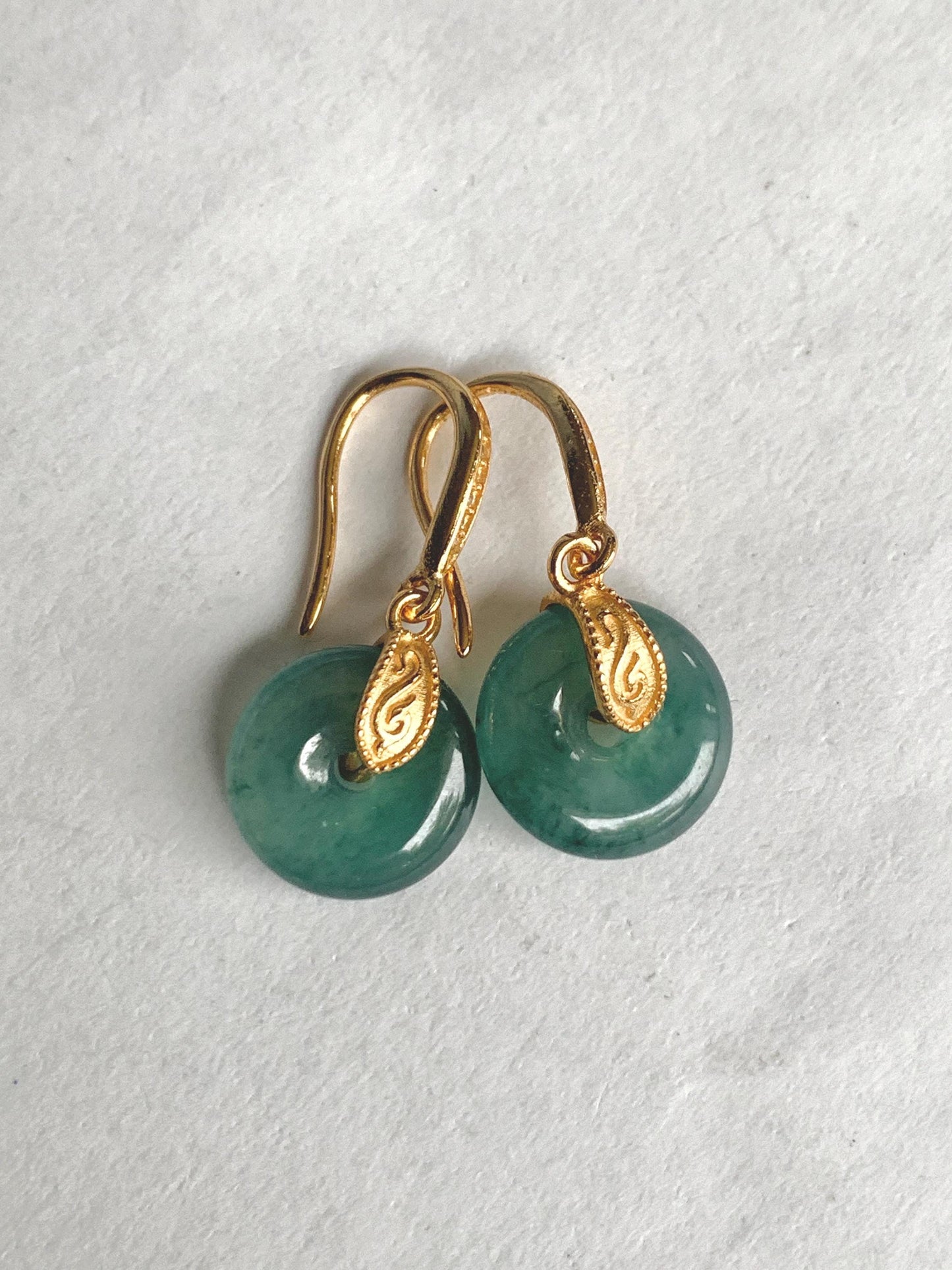 Natural Grade A Guatemalan Icy Translucent Teal Green Jade Jadeite Ping An Kou Donut Dangle Earrings Sterling Silver 天然冰危深蓝绿翡翠平安扣耳钩 LRK-B