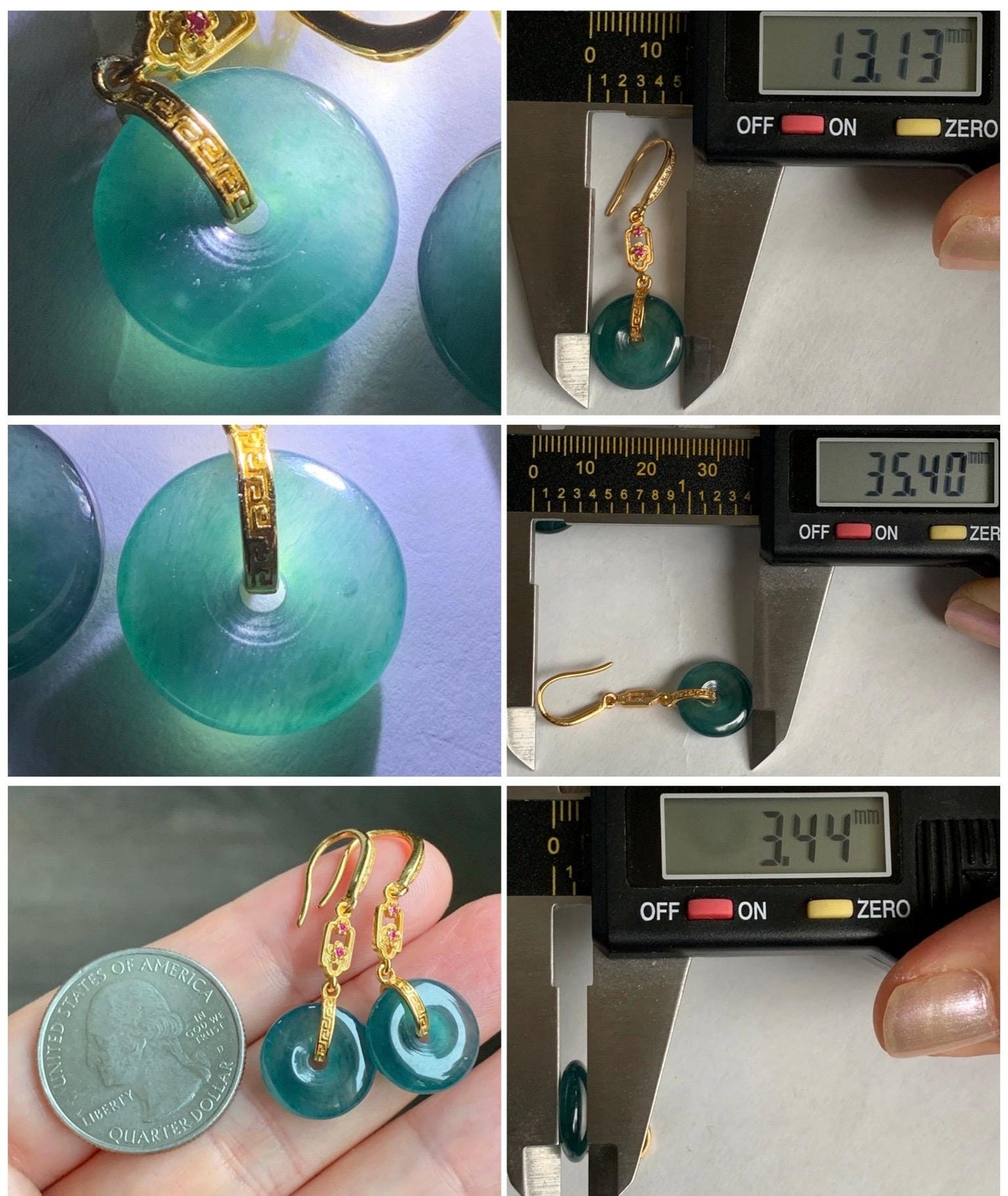 Natural Grade A Guatemalan Icy Translucent Teal Blue Jade Jadeite Ping An Kou Donut Dangle Earrings Sterling Silver 天然冰危深蓝翡翠平安扣耳钩 LRK-C