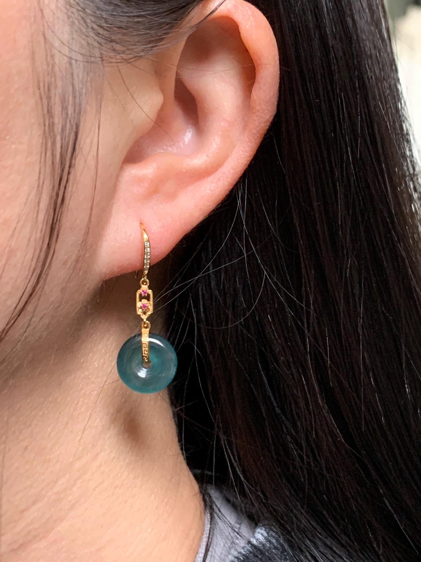 Natural Grade A Guatemalan Icy Translucent Teal Blue Jade Jadeite Ping An Kou Donut Dangle Earrings Sterling Silver 天然冰危深蓝翡翠平安扣耳钩 LRK-C
