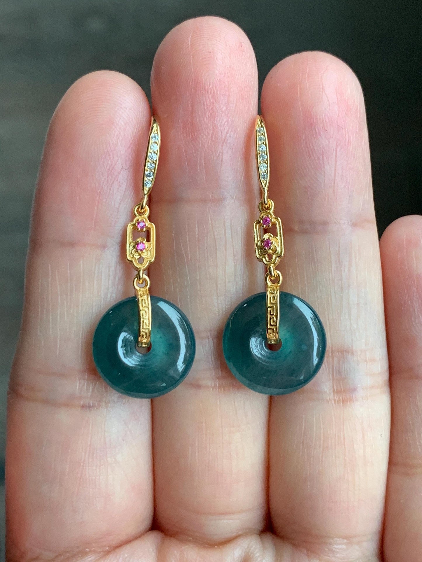 Natural Grade A Guatemalan Icy Translucent Teal Blue Jade Jadeite Ping An Kou Donut Dangle Earrings Sterling Silver 天然冰危深蓝翡翠平安扣耳钩 LRK-C