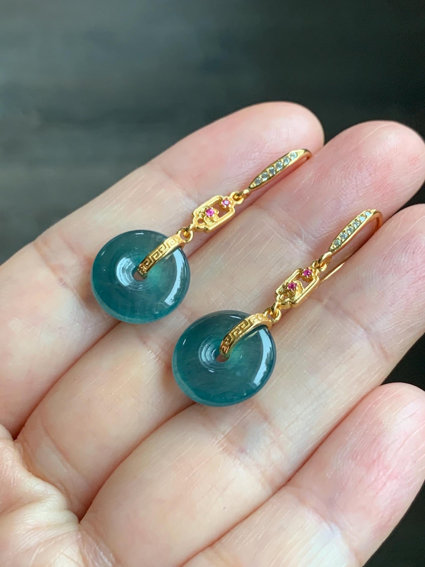Natural Grade A Guatemalan Icy Translucent Teal Blue Jade Jadeite Ping An Kou Donut Dangle Earrings Sterling Silver 天然冰危深蓝翡翠平安扣耳钩 LRK-C