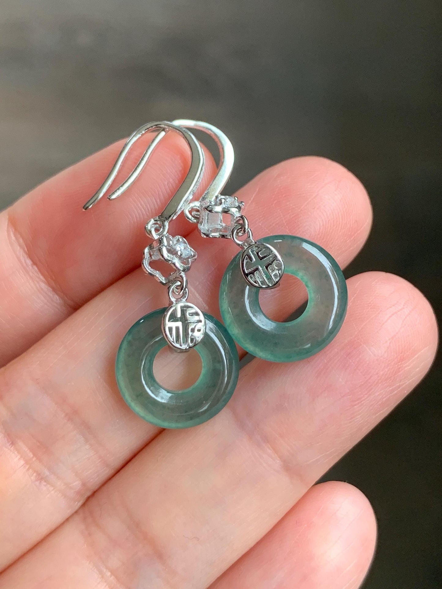 Natural Grade A Guatemalan Icy Translucent Teal Green Jade Jadeite Ping An Kou Donut Dangle Earrings Sterling Silver 天然冰危深蓝绿翡翠平安扣耳钩 LRK-D