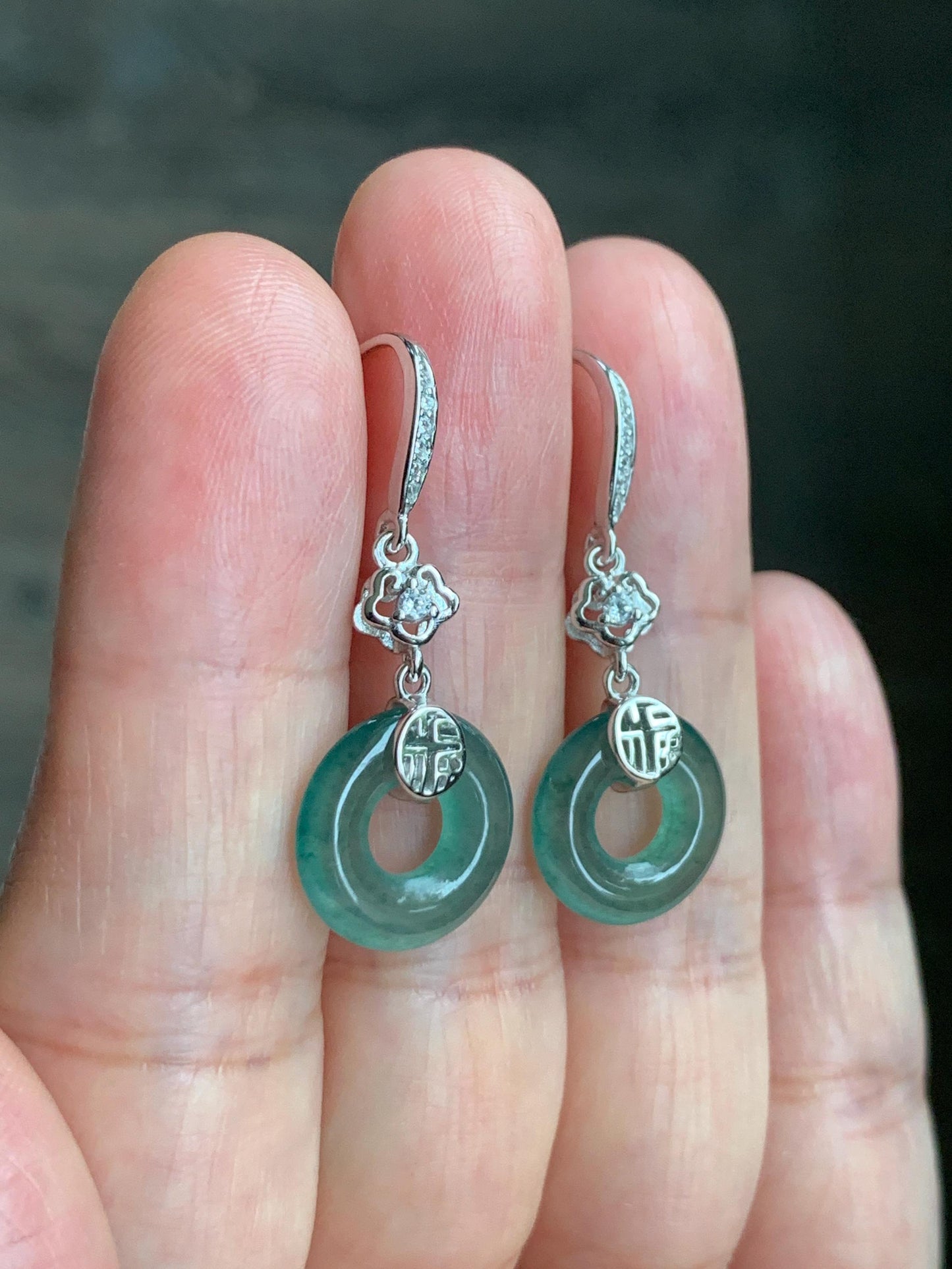 Natural Grade A Guatemalan Icy Translucent Teal Green Jade Jadeite Ping An Kou Donut Dangle Earrings Sterling Silver 天然冰危深蓝绿翡翠平安扣耳钩 LRK-D