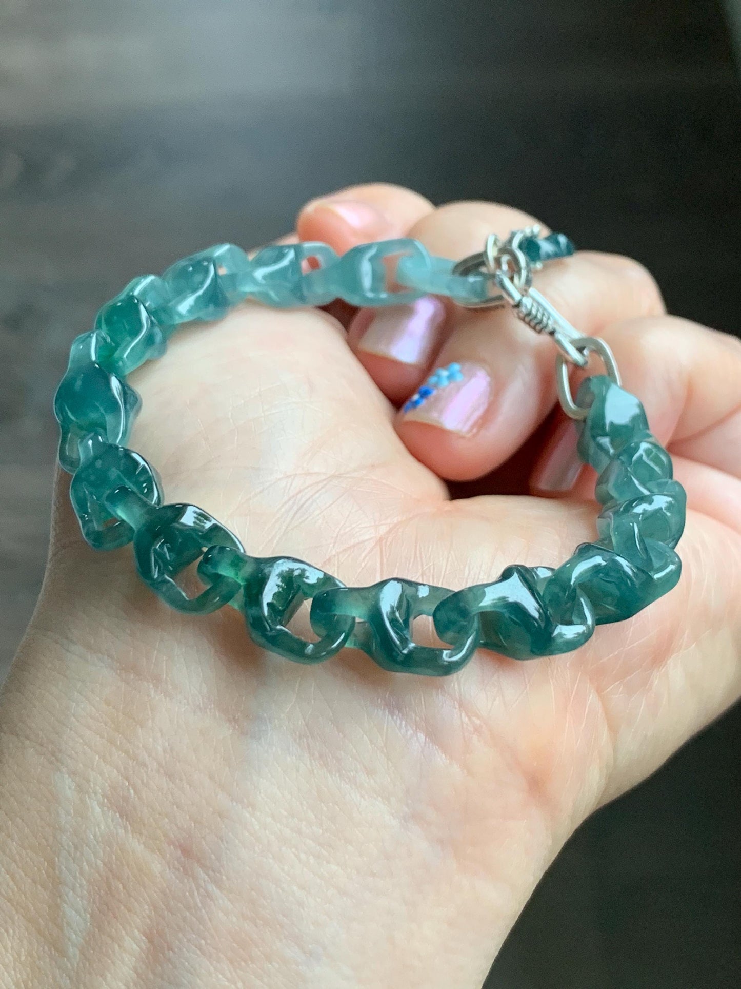 Certified Natural Guatemalan Icy Translucent Jadeite Carved Interlocking Dragon Bone Link Bracelet Sterling Silver 7.25” 天然冰胶危起光翡翠龙骨链手链 9959
