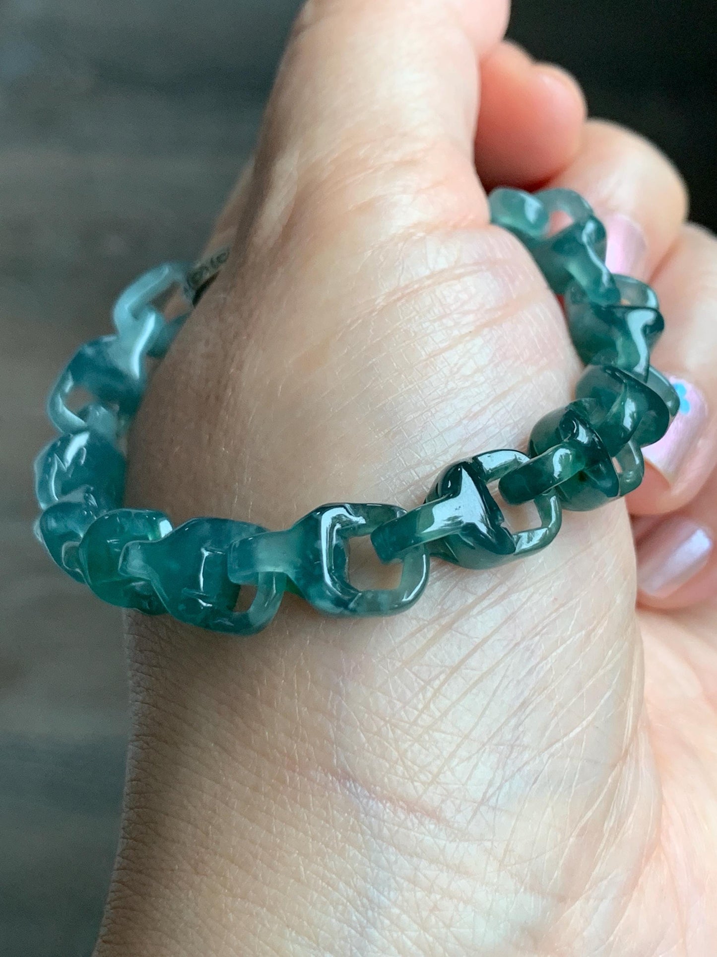 Certified Natural Guatemalan Icy Translucent Jadeite Carved Interlocking Dragon Bone Link Bracelet Sterling Silver 7.25” 天然冰胶危起光翡翠龙骨链手链 9959